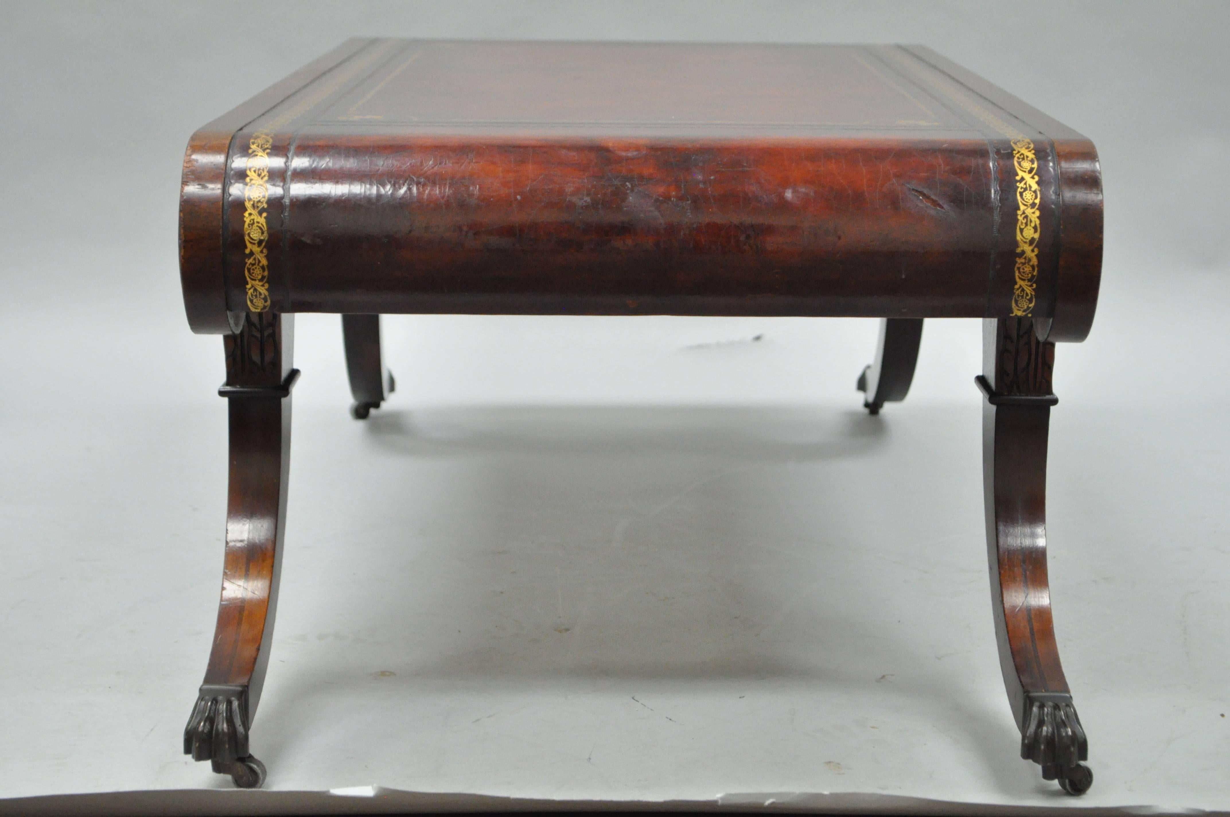 Vintage Weiman Regency Tooled Leather Scroll Top Crotch Mahogany Coffee Table In Good Condition In Philadelphia, PA