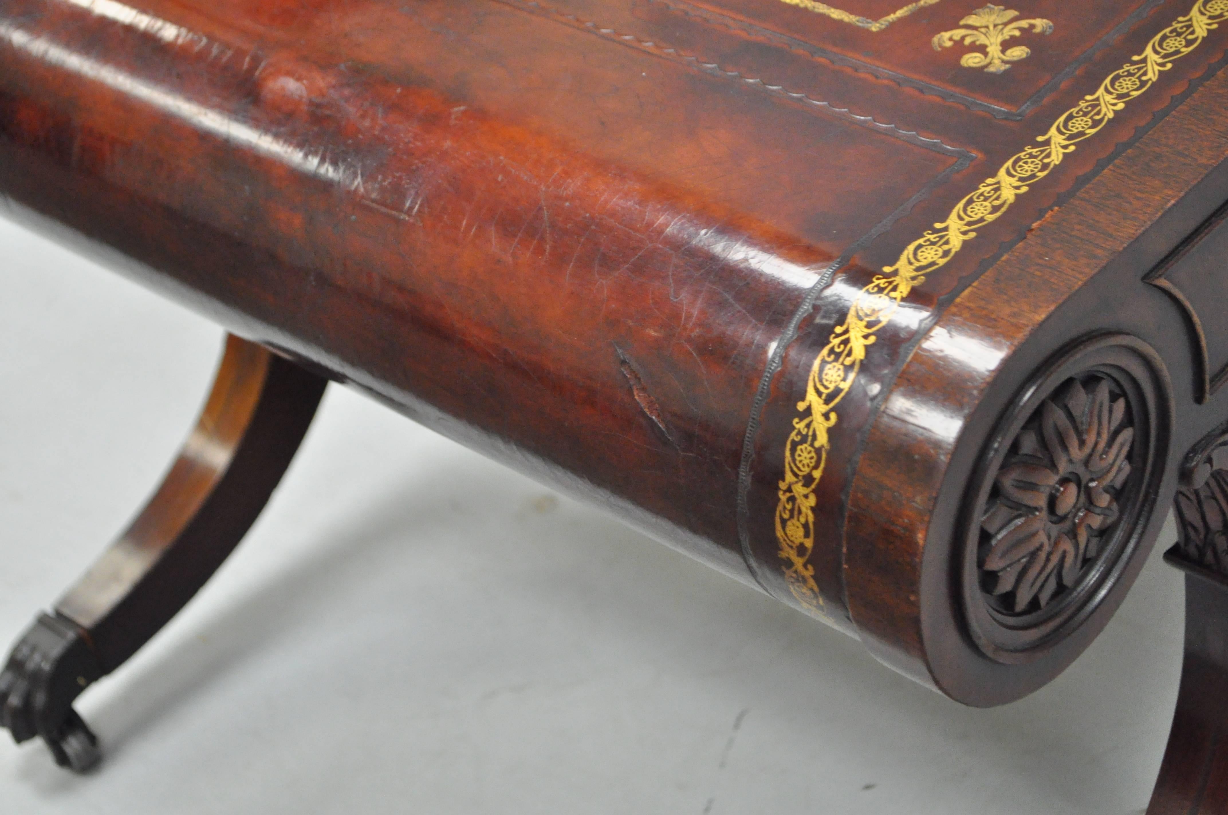 Mid-20th Century Vintage Weiman Regency Tooled Leather Scroll Top Crotch Mahogany Coffee Table
