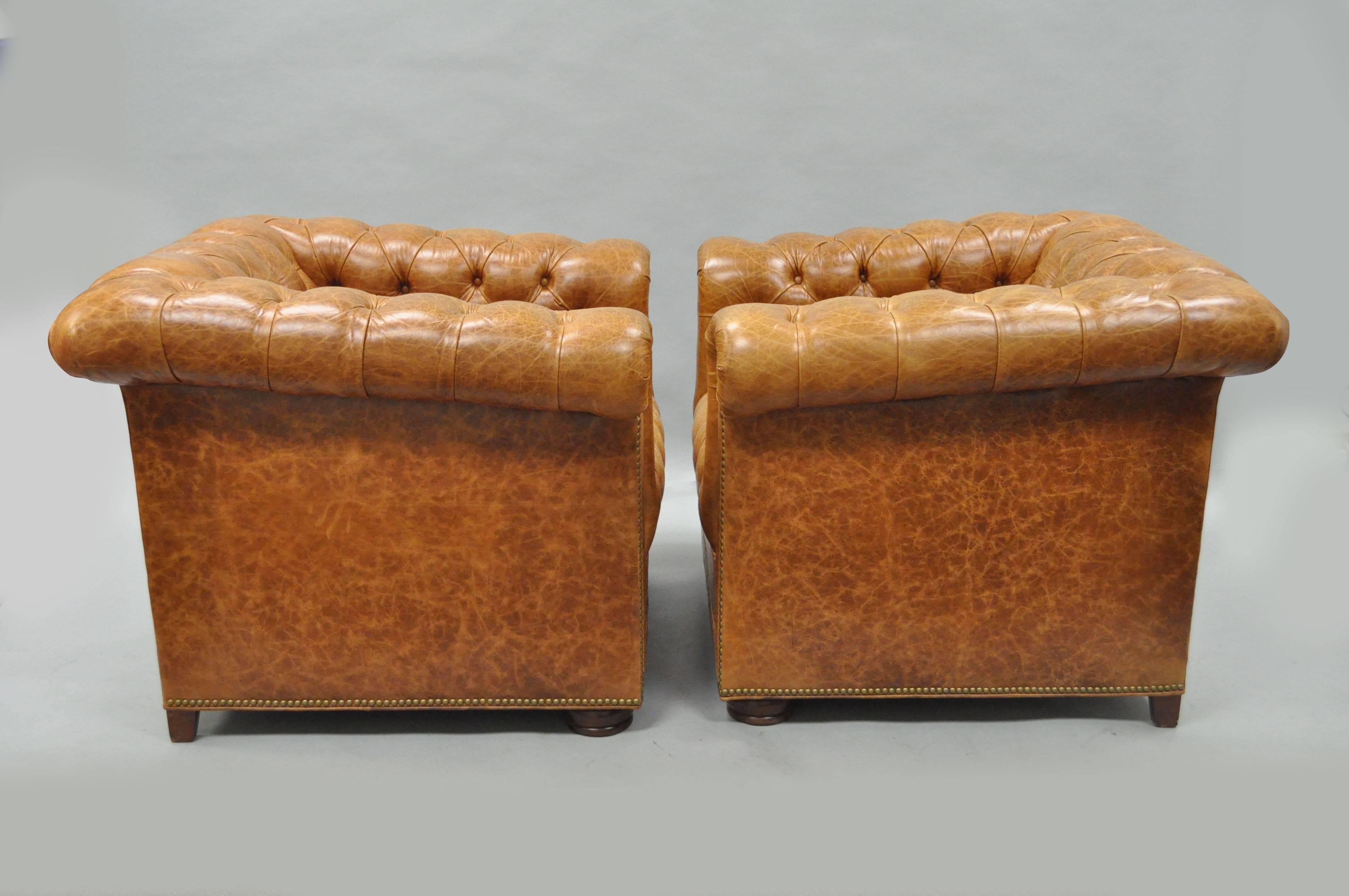 Pair of Leathercraft Tufted Chesterfield Cognac Leather Lounge Club Chairs In Excellent Condition In Philadelphia, PA