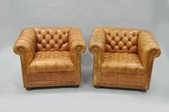 Pair of Leathercraft Tufted Chesterfield Cognac Leather Lounge Club Chairs