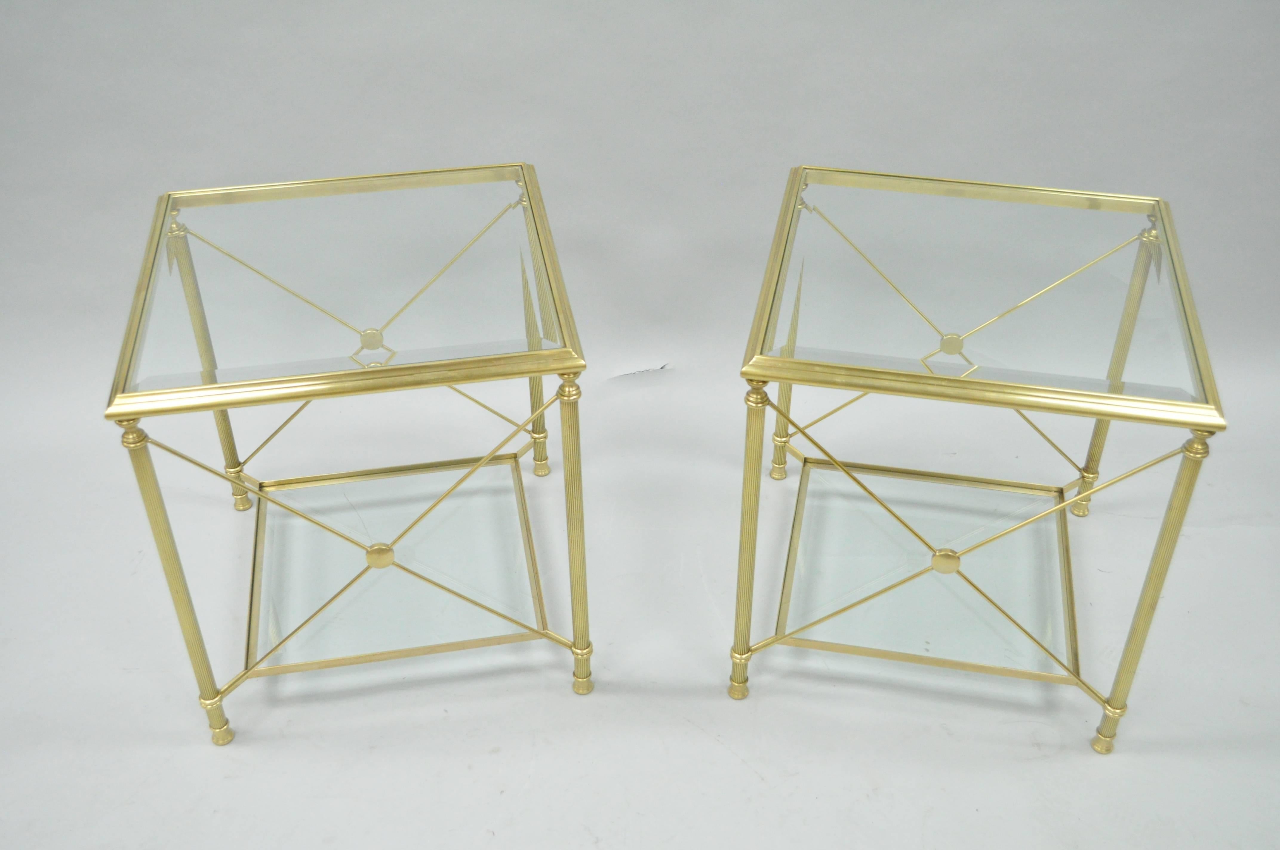 Pair of Brass and Glass Neoclassical Directoire Style X-Form Square End Tables In Good Condition In Philadelphia, PA