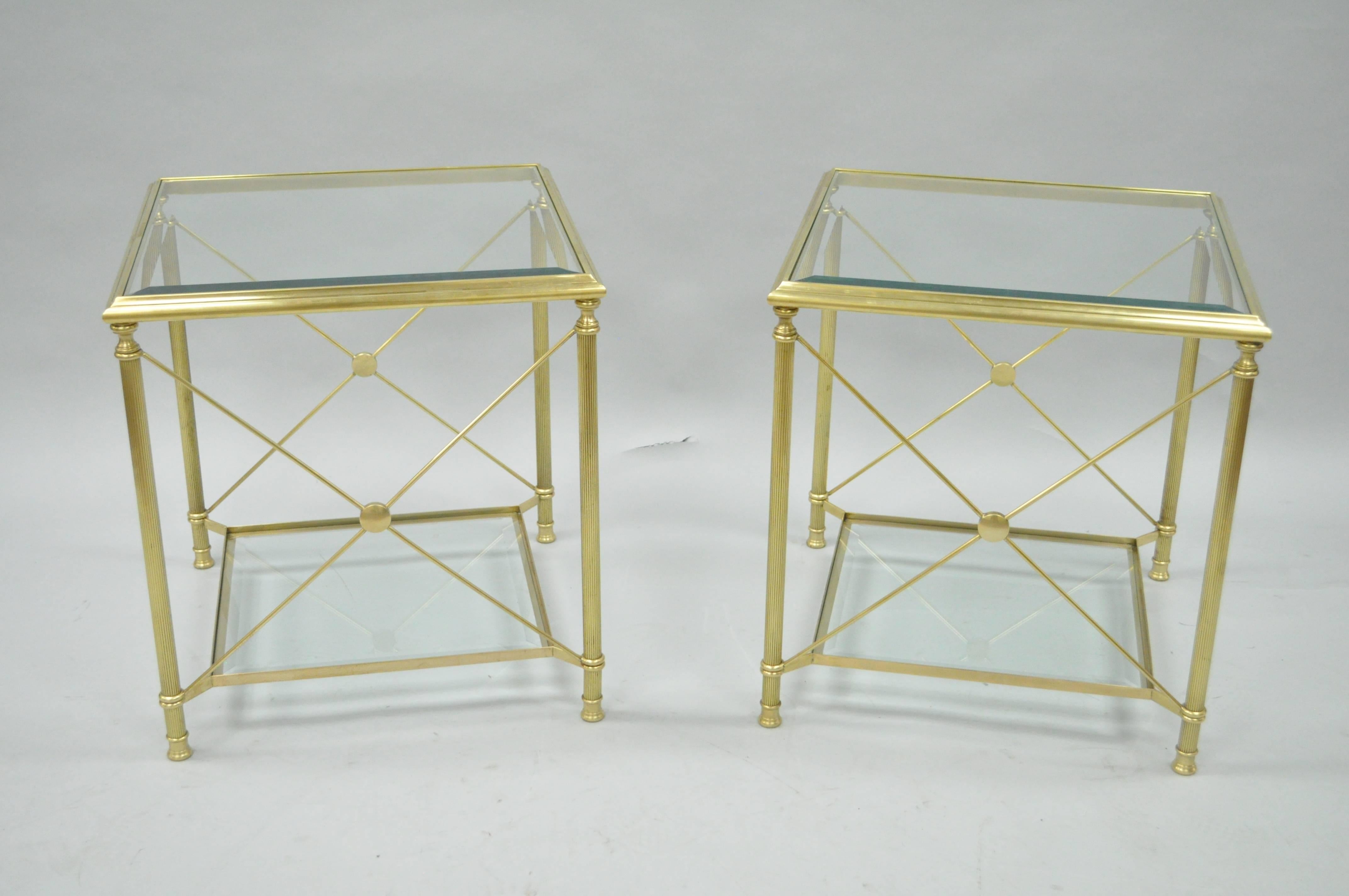 Pair of Brass and Glass Neoclassical Directoire Style X-Form Square End Tables 4