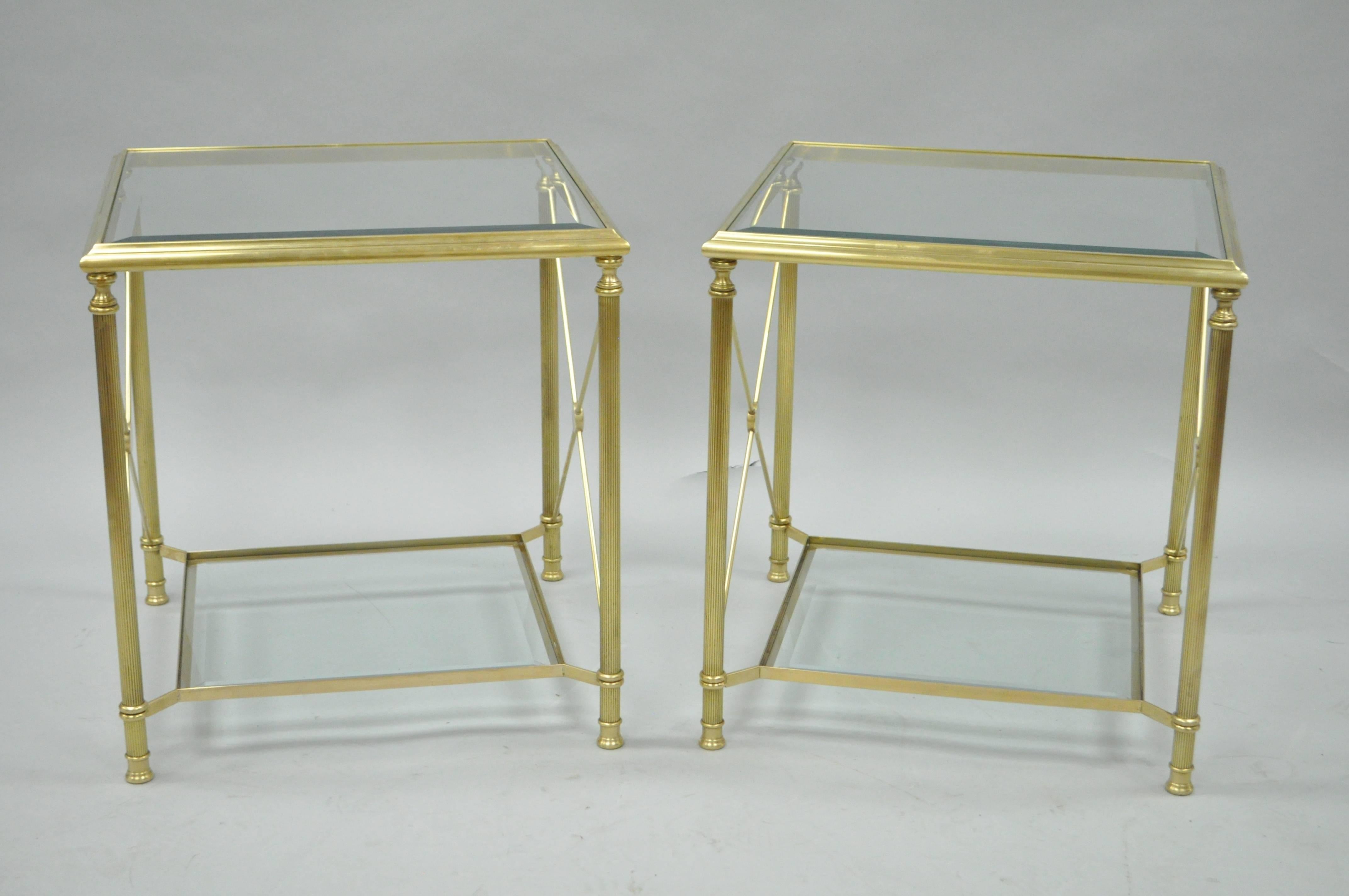 Italian Pair of Brass and Glass Neoclassical Directoire Style X-Form Square End Tables