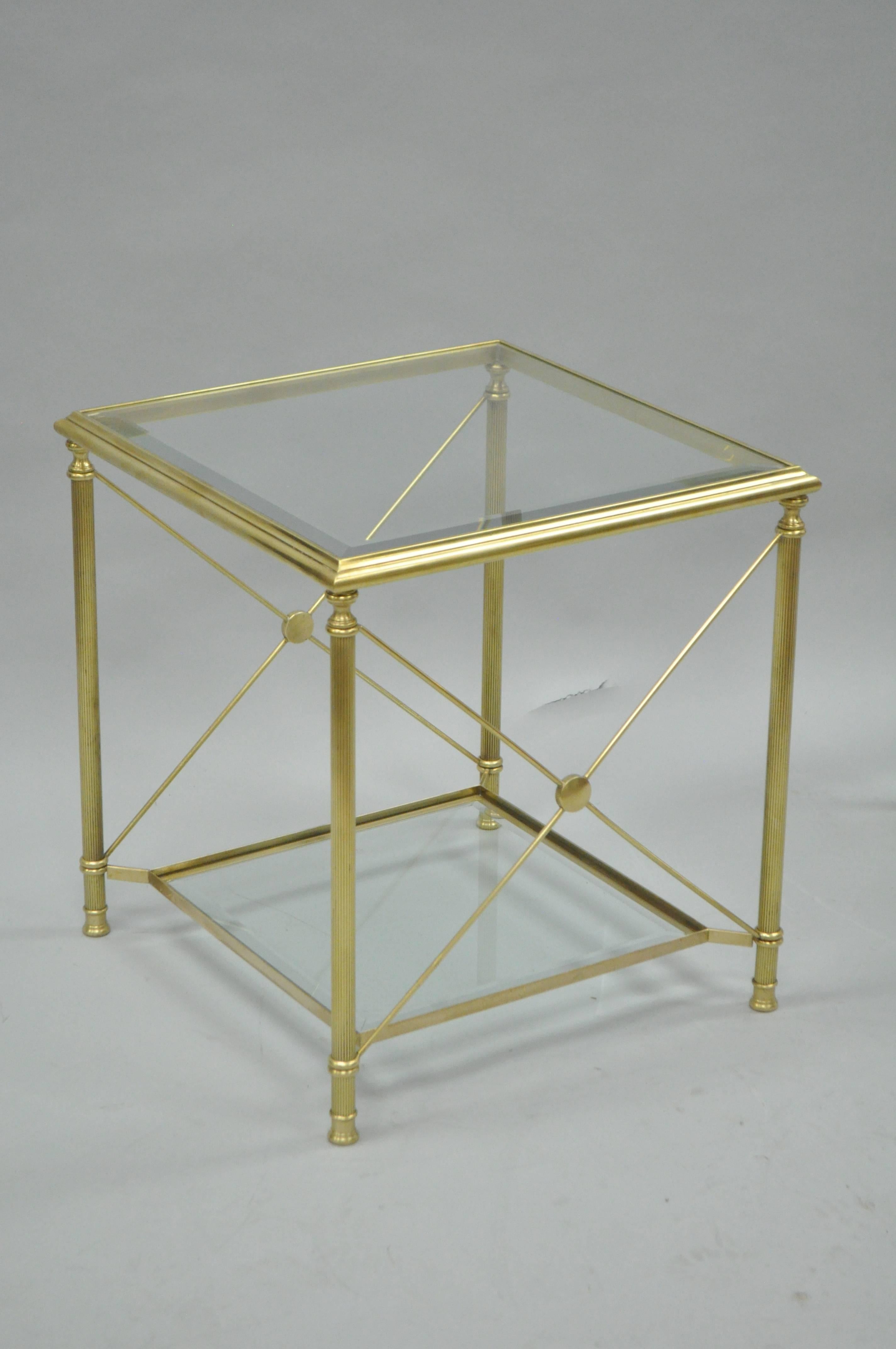 Pair of Brass and Glass Neoclassical Directoire Style X-Form Square End Tables 3
