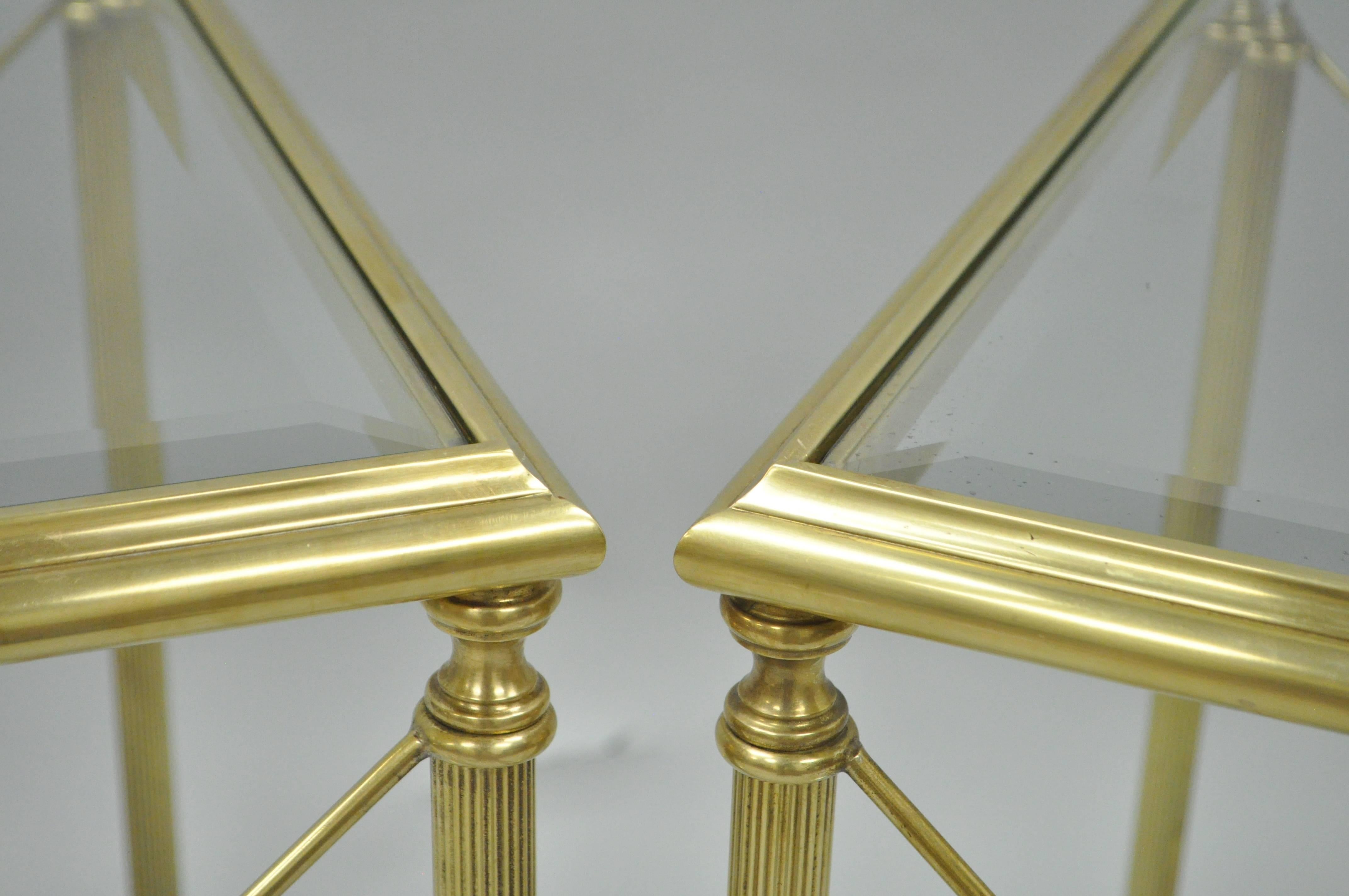 Pair of Brass and Glass Neoclassical Directoire Style X-Form Square End Tables 2