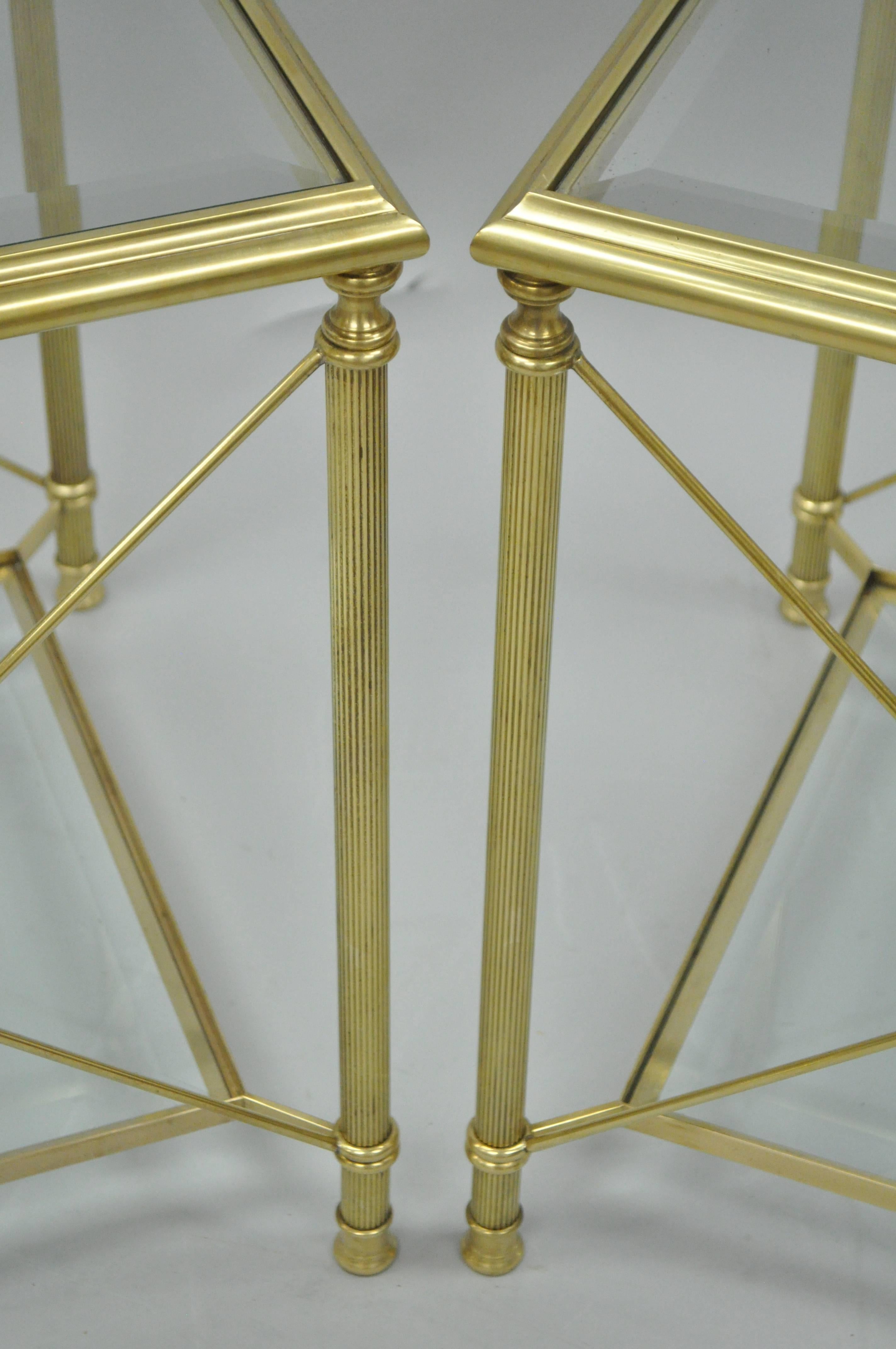Beveled Pair of Brass and Glass Neoclassical Directoire Style X-Form Square End Tables