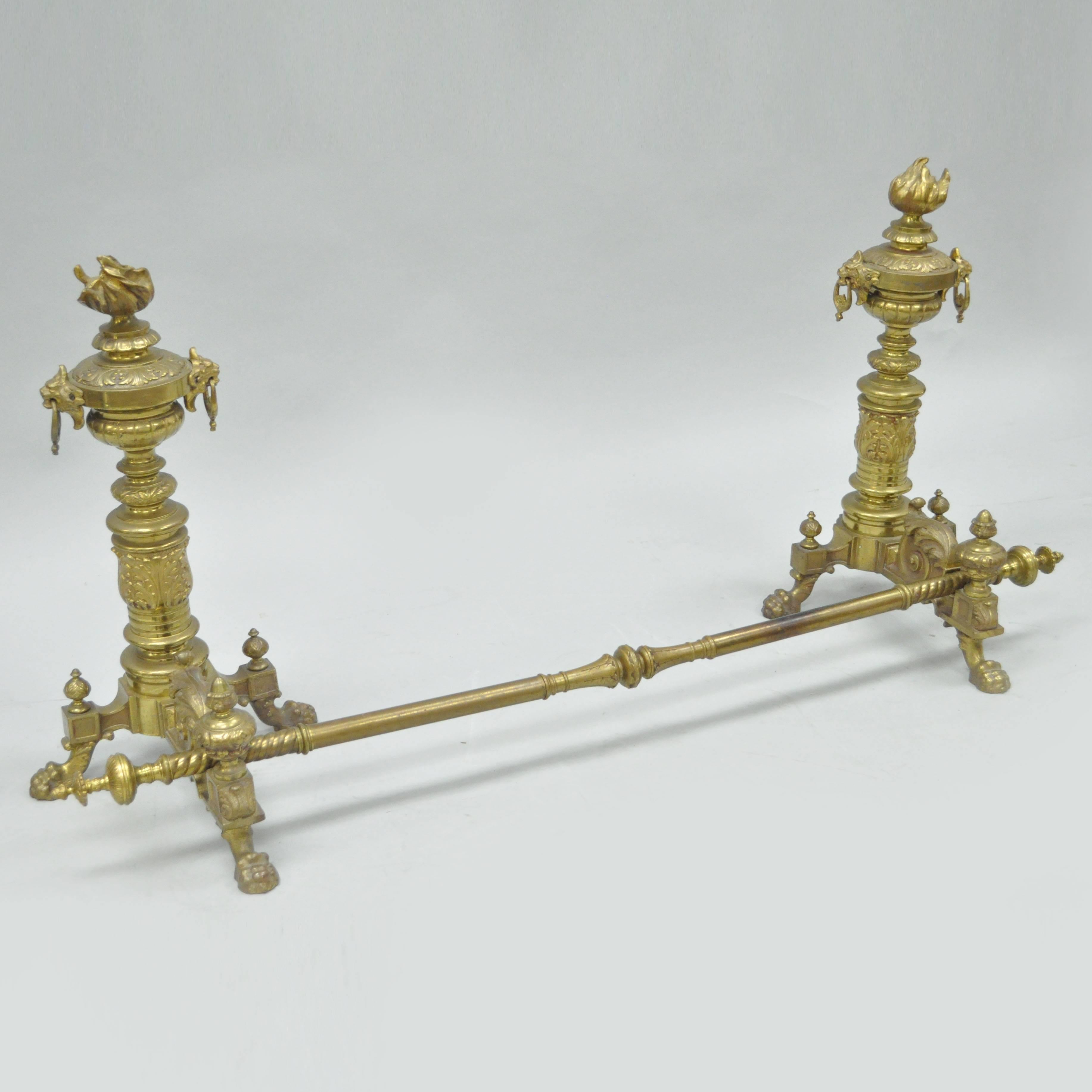 Pair of 19th C. French Empire Neoclassical Flame & Lion Brass Paw Andirons & Bar For Sale 5