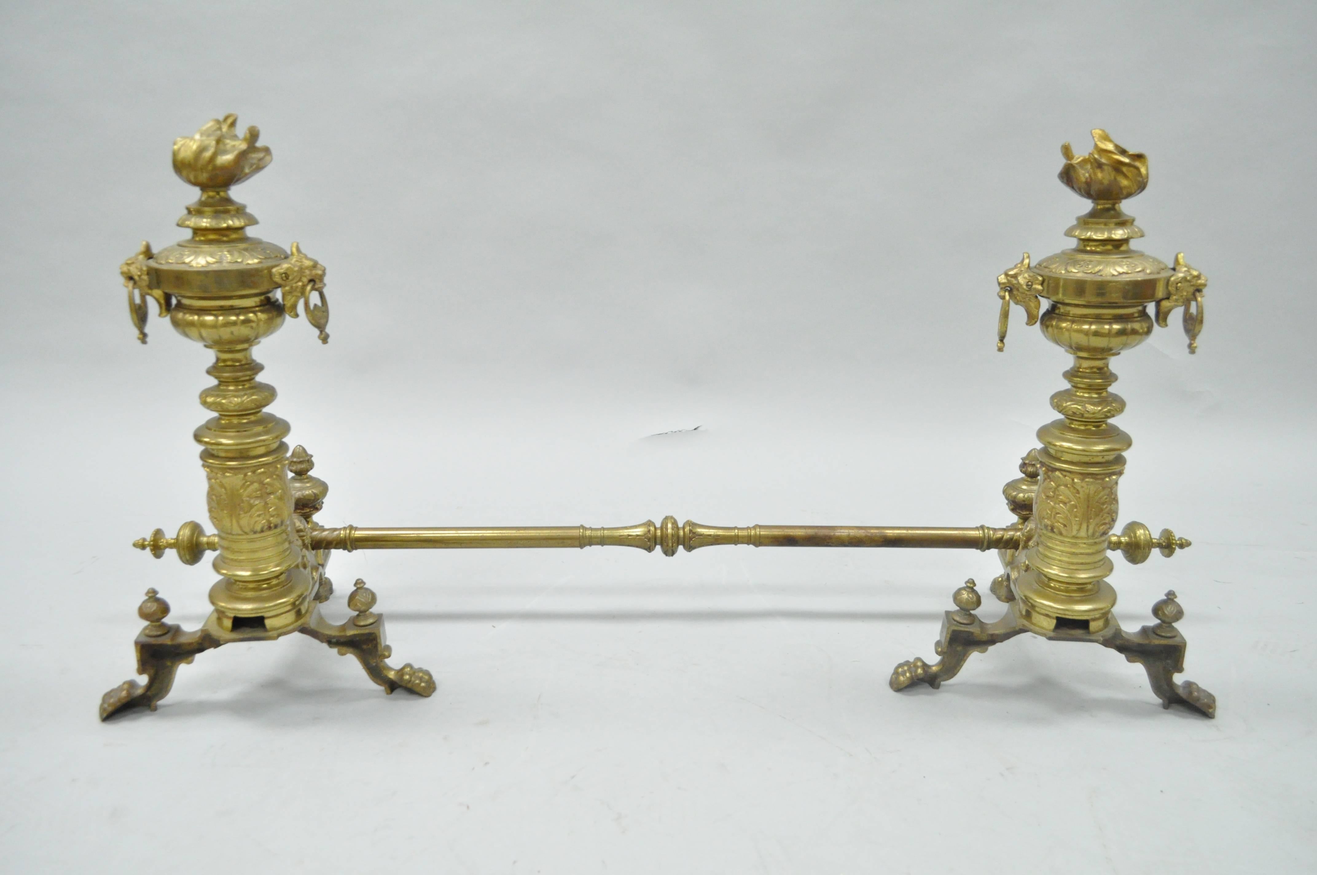Pair of 19th C. French Empire Neoclassical Flame & Lion Brass Paw Andirons & Bar For Sale 3