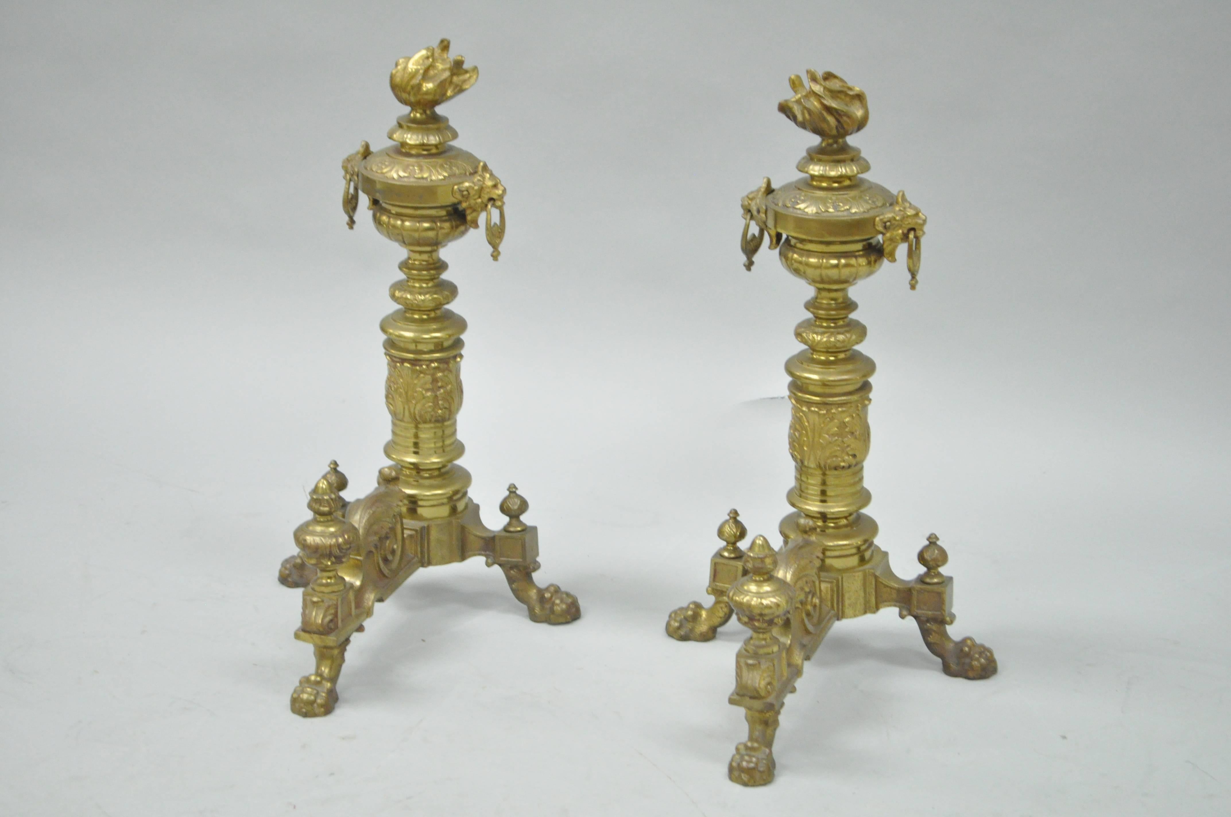 Cast Pair of 19th C. French Empire Neoclassical Flame & Lion Brass Paw Andirons & Bar For Sale