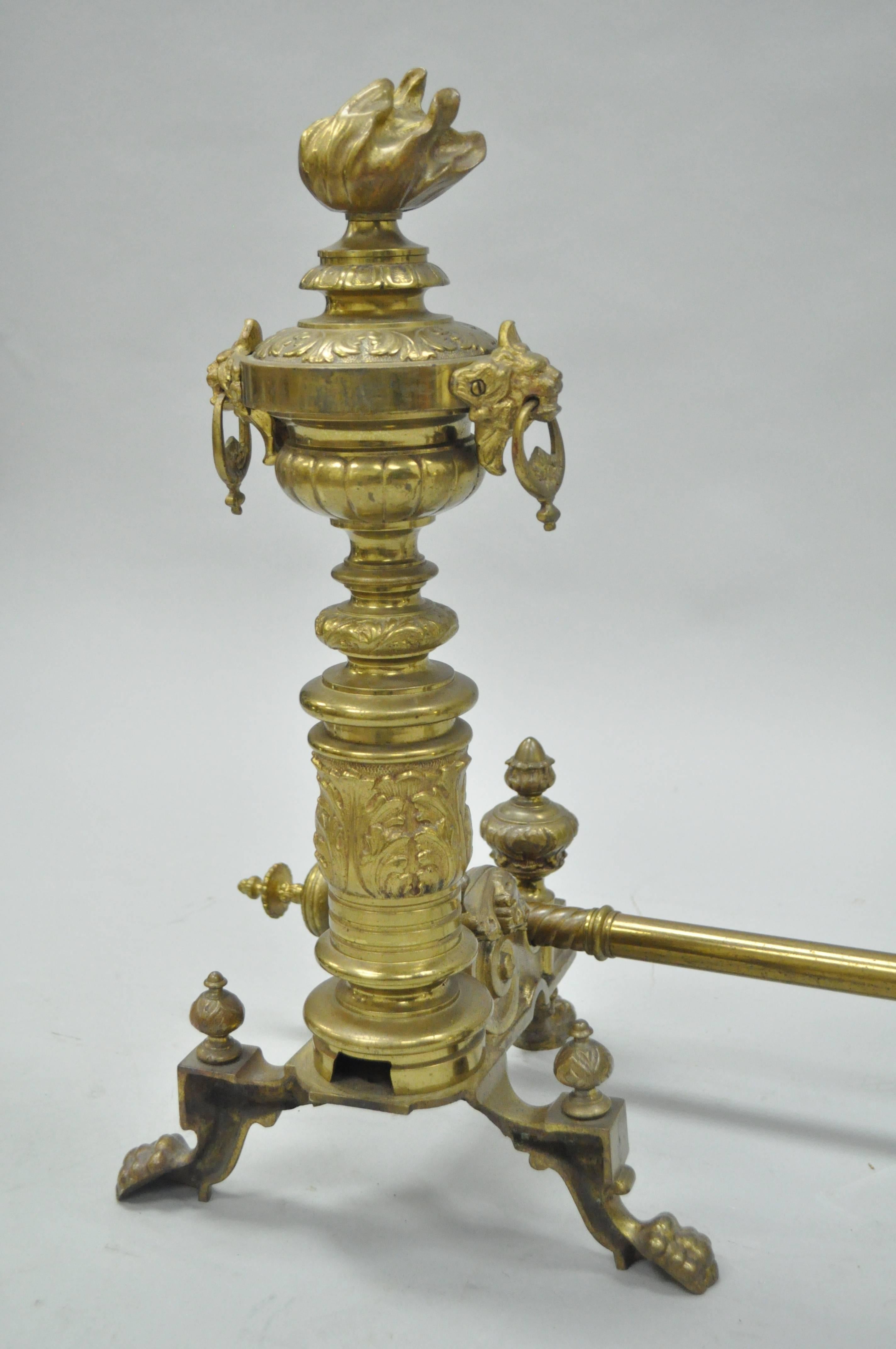 Pair of 19th C. French Empire Neoclassical Flame & Lion Brass Paw Andirons & Bar For Sale 4