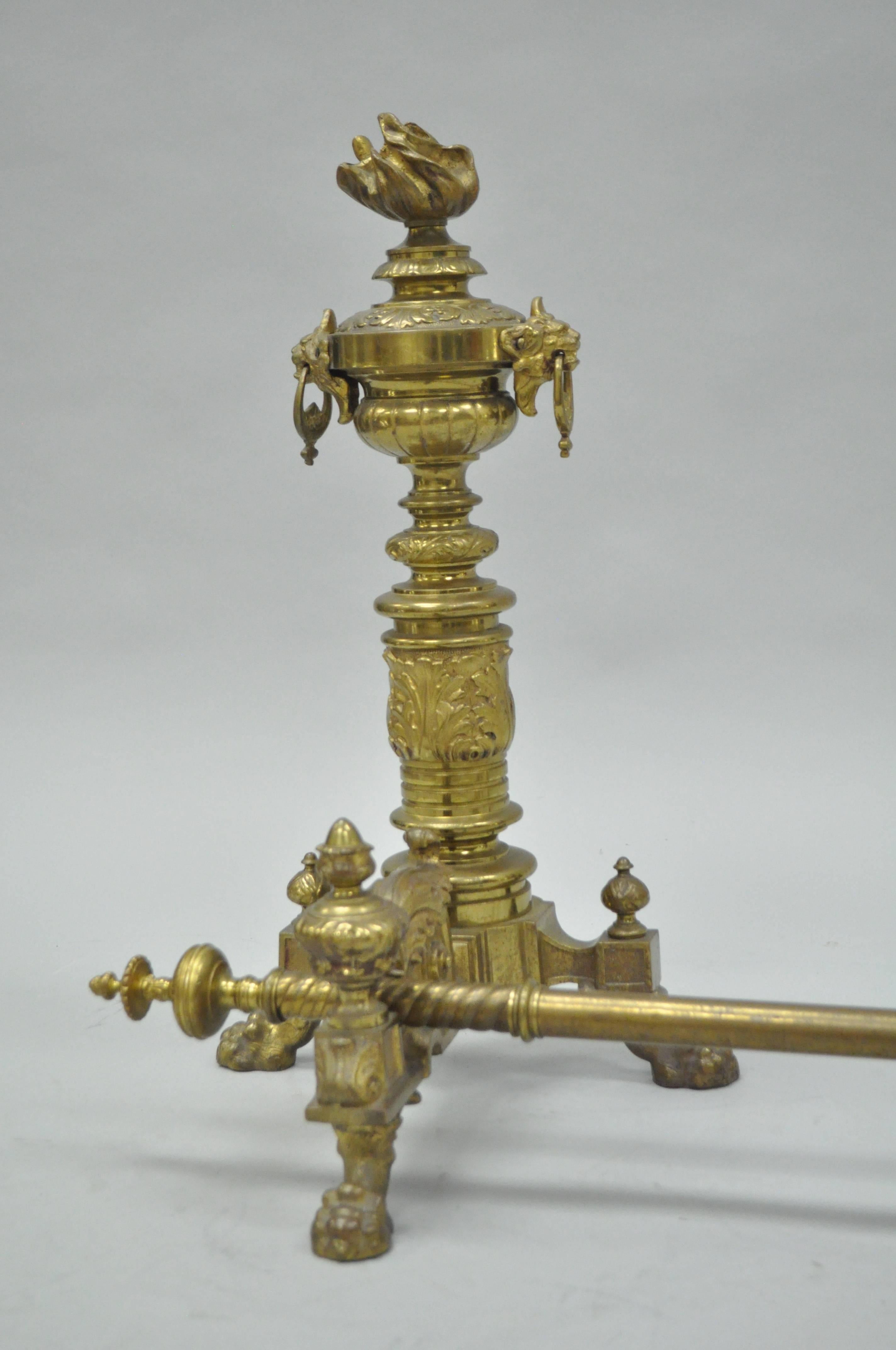 Pair of 19th C. French Empire Neoclassical Flame & Lion Brass Paw Andirons & Bar In Good Condition For Sale In Philadelphia, PA