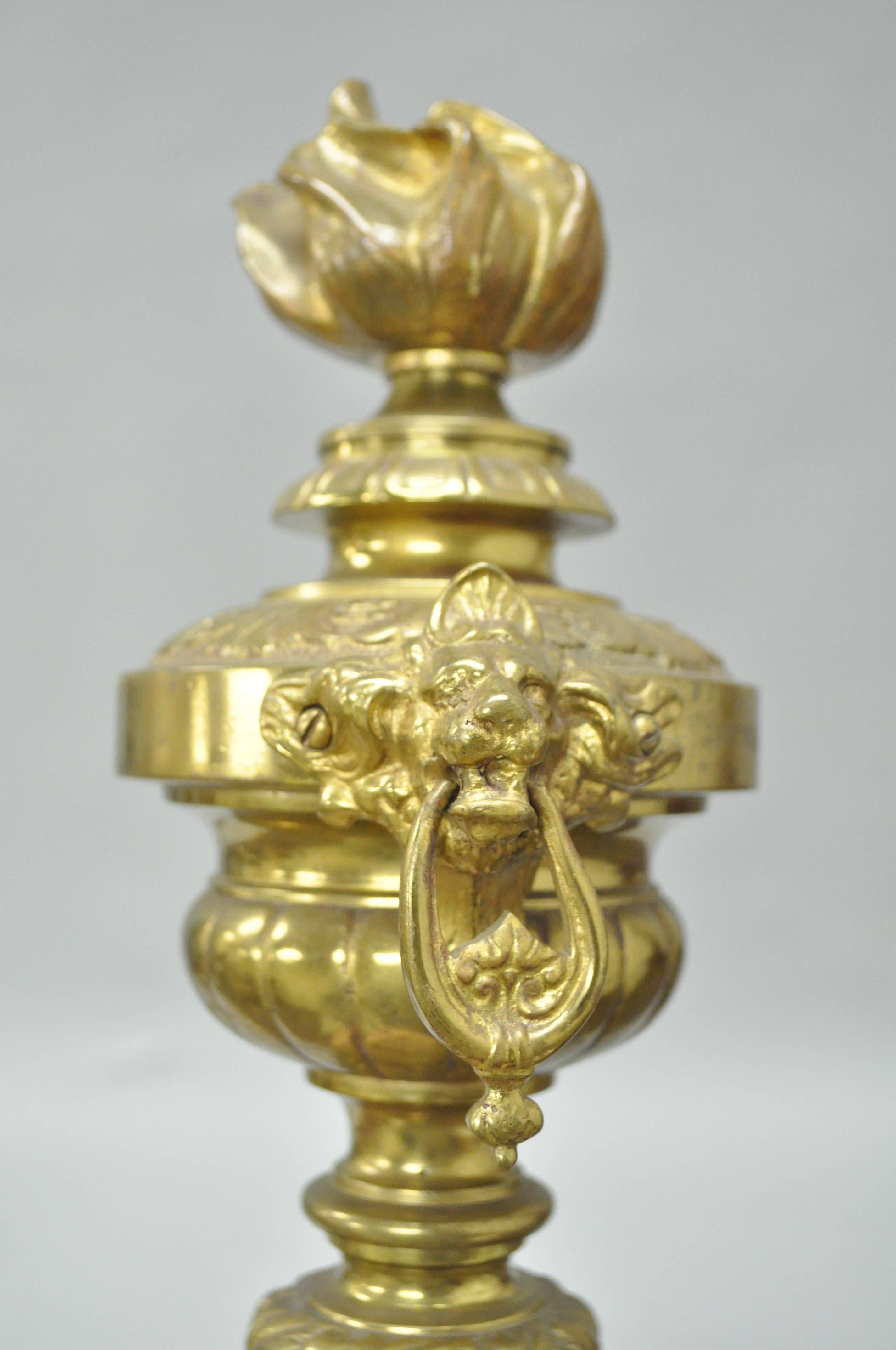 Pair of 19th C. French Empire Neoclassical Flame & Lion Brass Paw Andirons & Bar For Sale 1