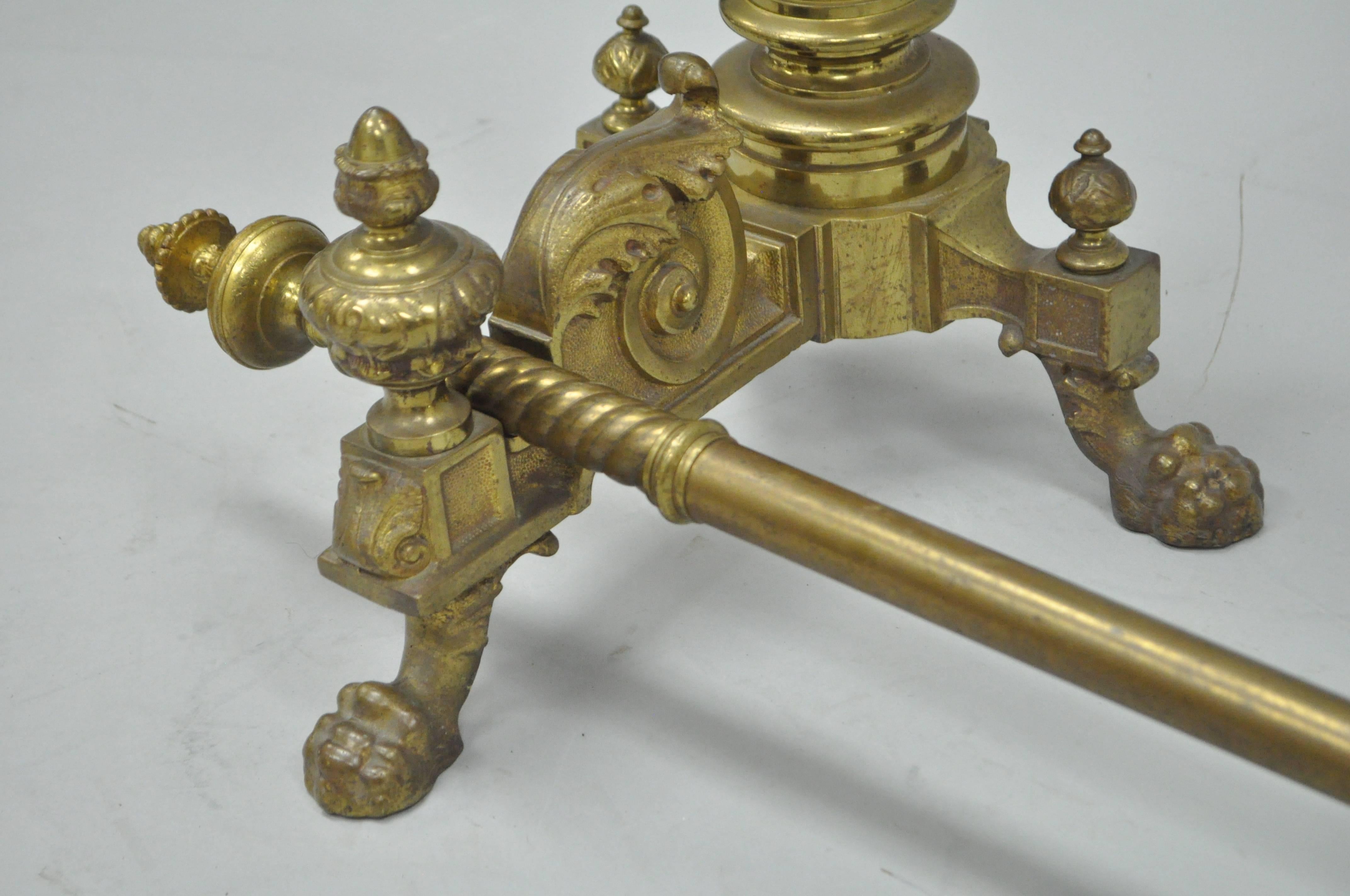 Pair of 19th C. French Empire Neoclassical Flame & Lion Brass Paw Andirons & Bar For Sale 2