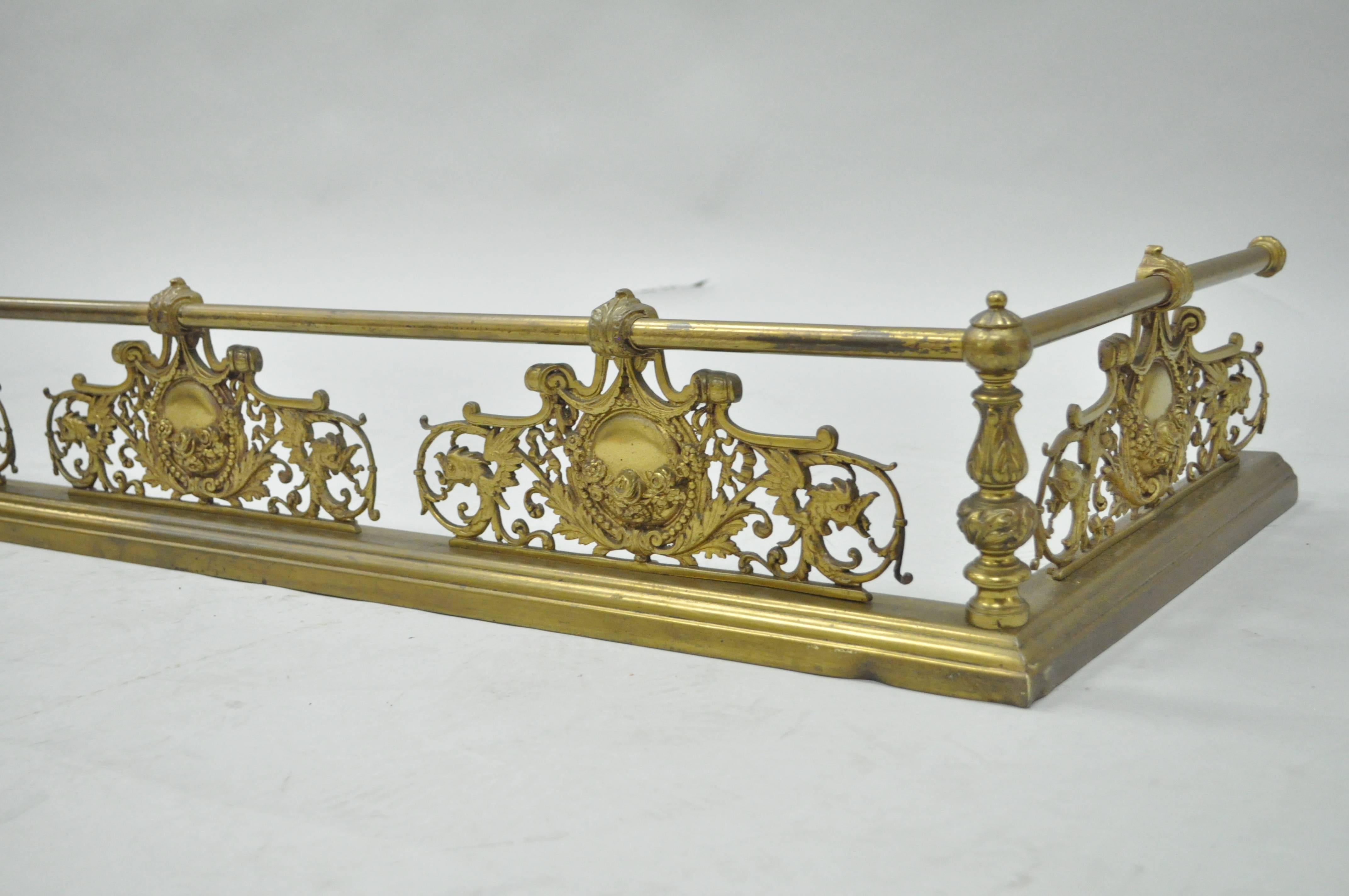 High Victorian Antique French Louis XV Style Victorian Brass Rose Bird Fireplace Mantel Fender For Sale