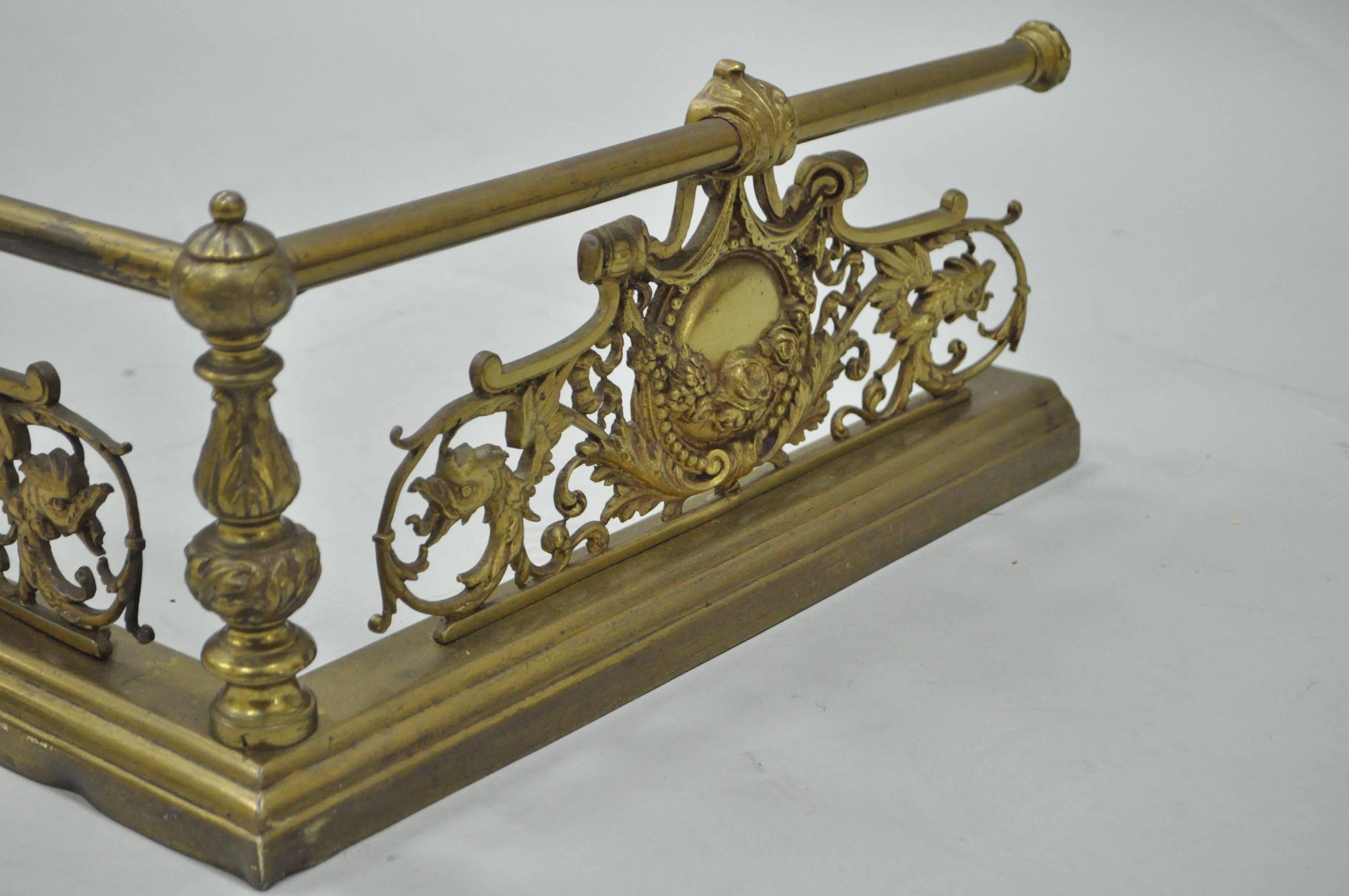 Antique French Louis XV Style Victorian Brass Rose Bird Fireplace Mantel Fender For Sale 2