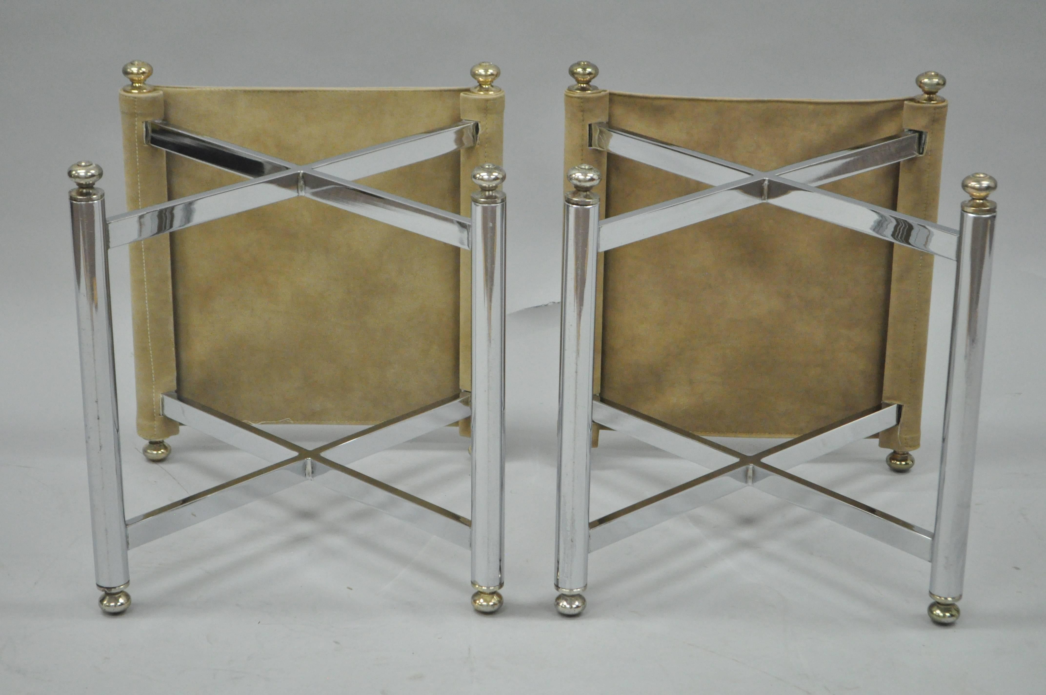 Late 20th Century Pair of Hollywood Regency Maison Jansen Style X-Frame Chrome and Brass Stools