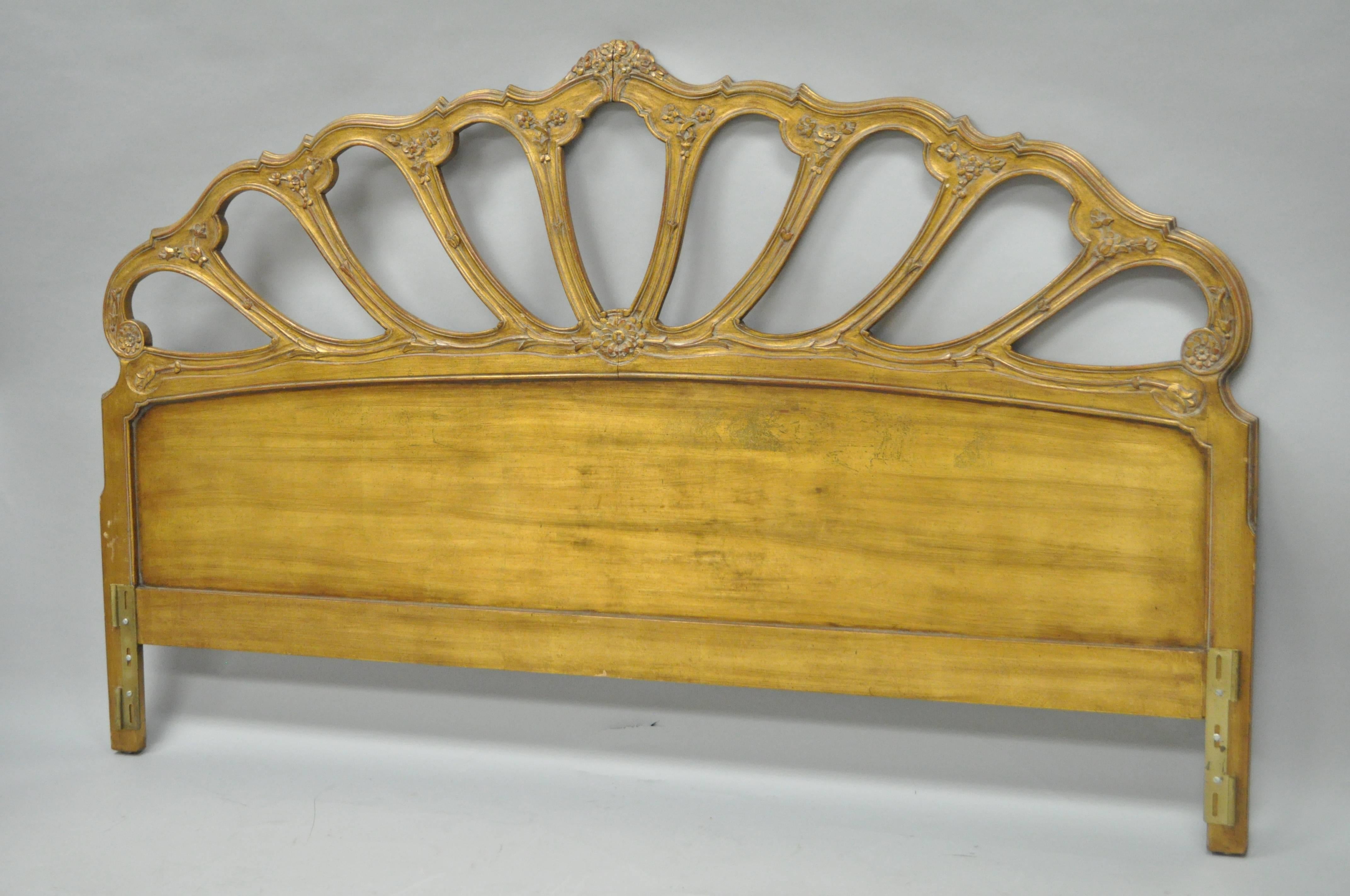 Italian Carved Gold Leaf Gilt Wood King Size Hollywood Regency Bed Headboard 2