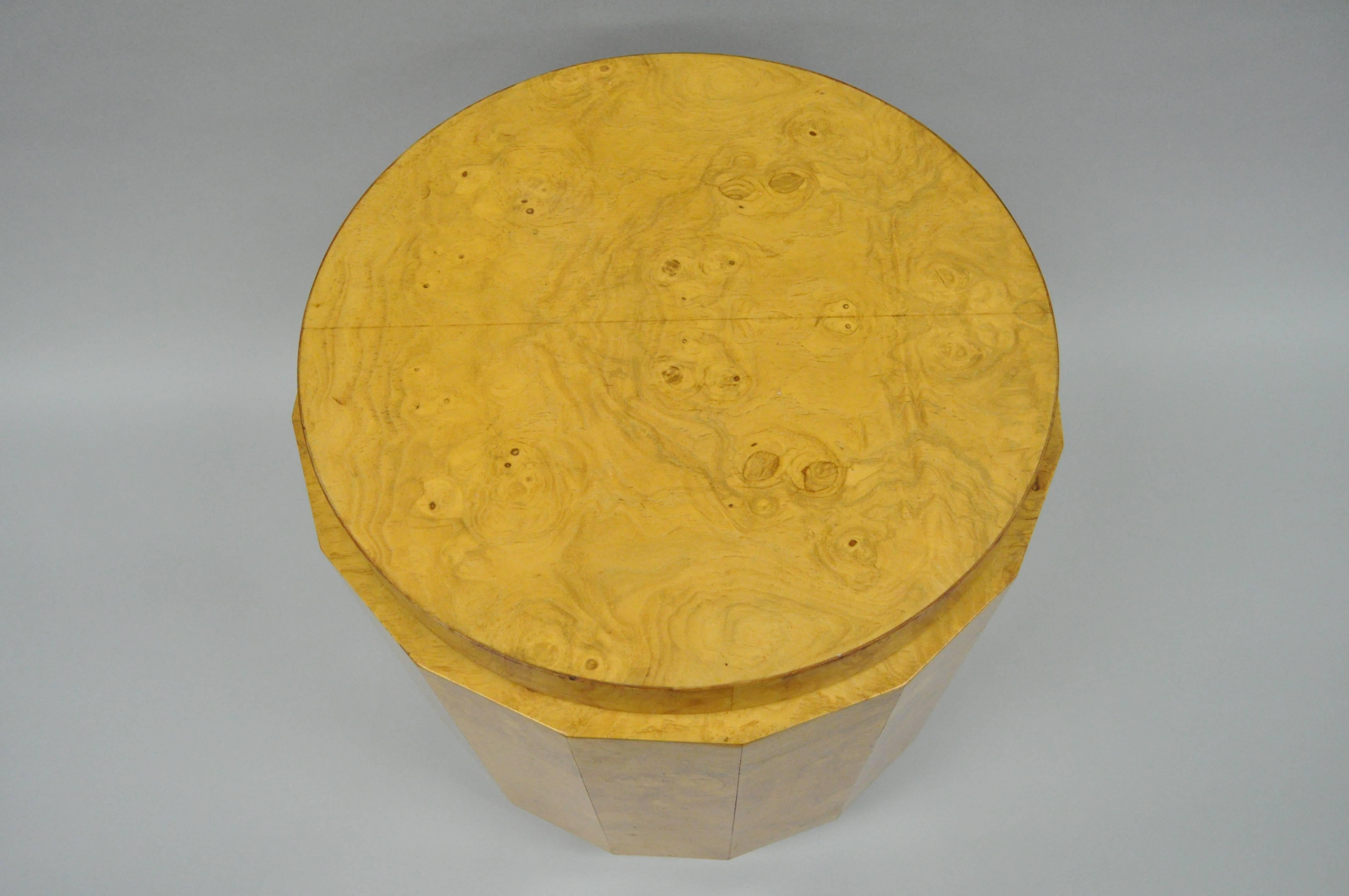 American Edward Wormley Dunbar Burl Wood Pedestal Accent Drum Table 6302F Mid Century For Sale