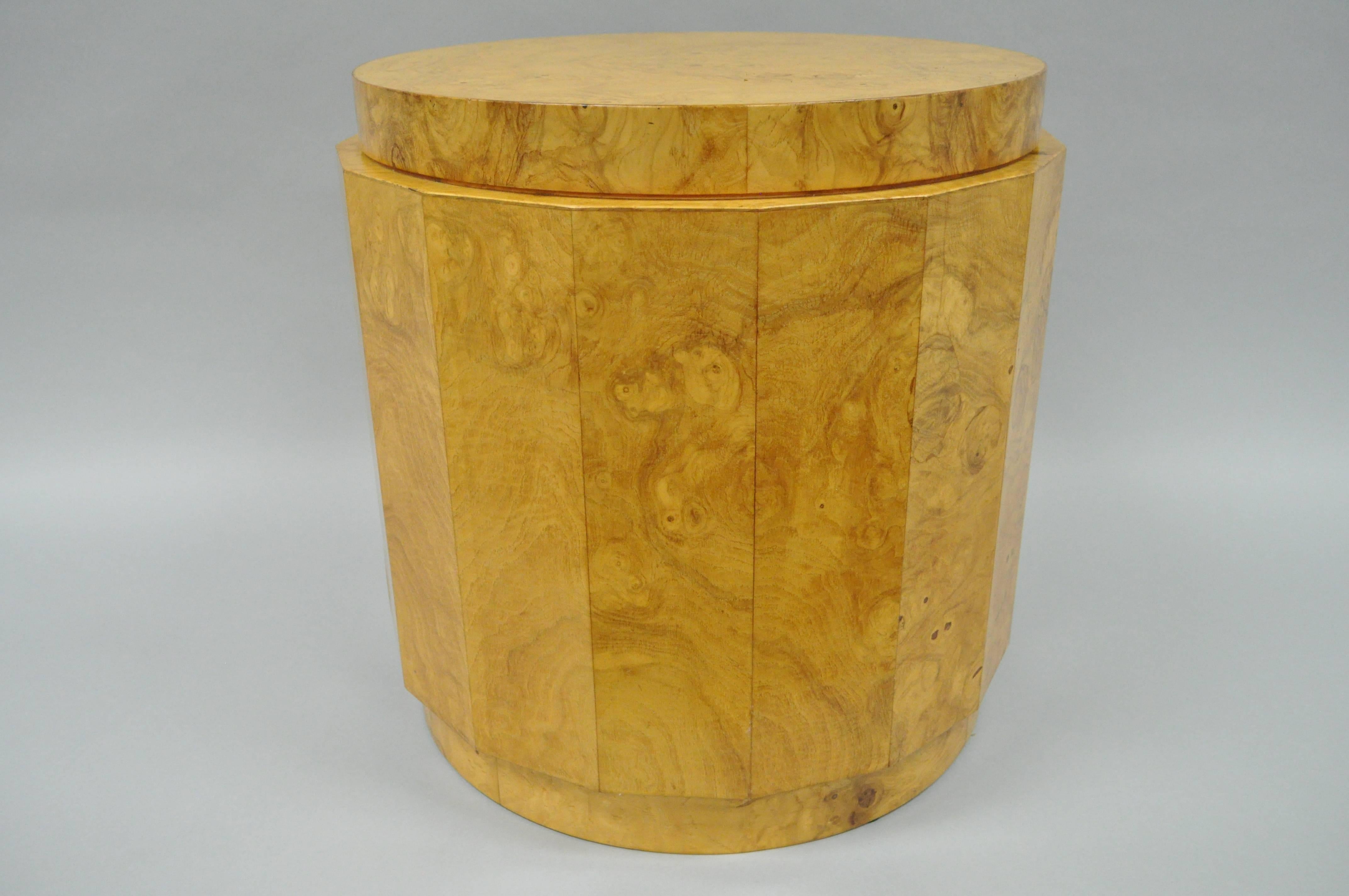 Vintage Mid-Century Modern Edward Wormley for dunbar burl wood pedestal side table 6302F. Item features a beautiful faceted columnar exterior, figured burl wood grain veneer and the original labels.