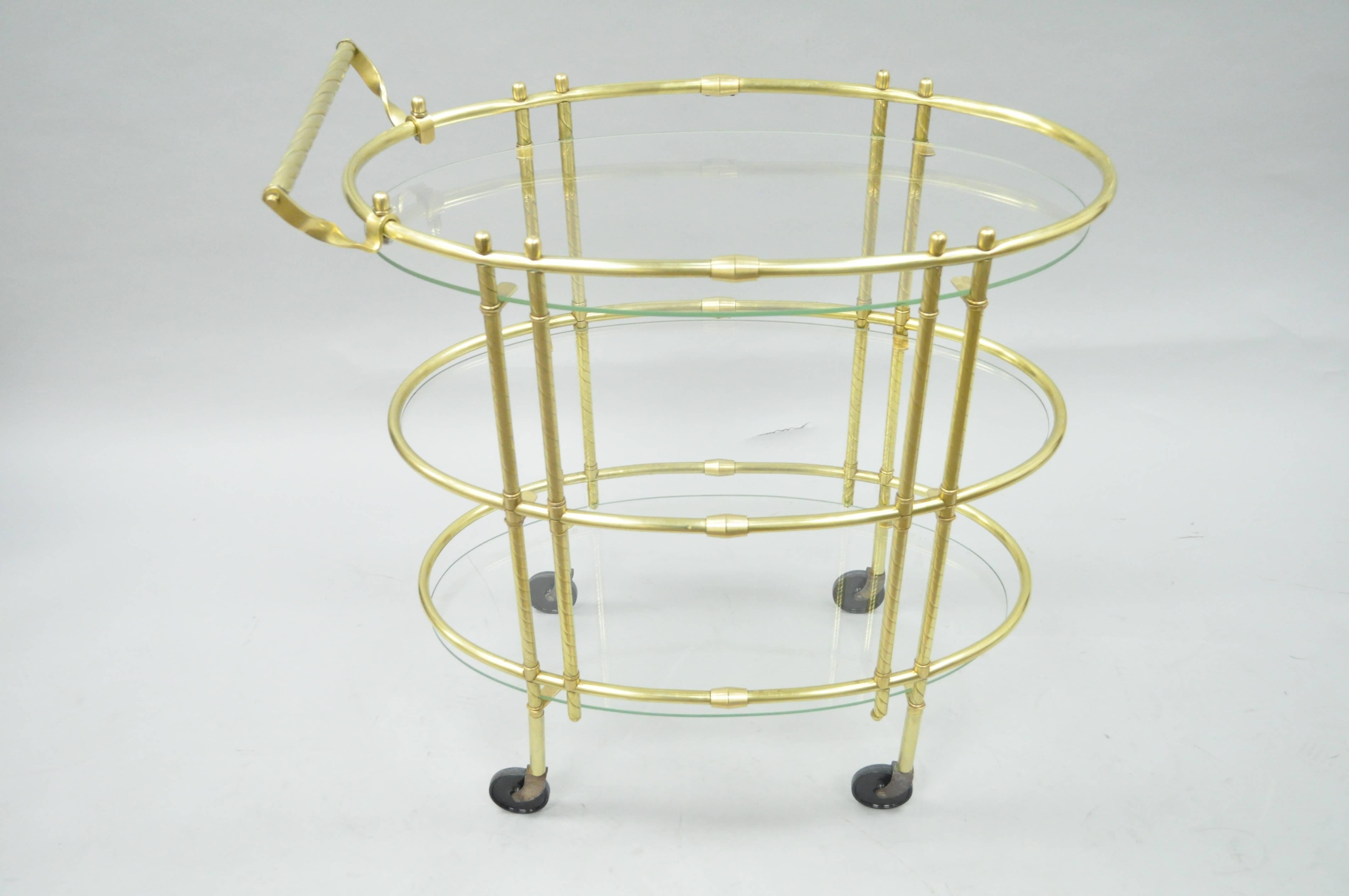 Mid Century Italian Modern Polished Brass & Glass Three Tier Oval Bar Tea Cart For Sale 3