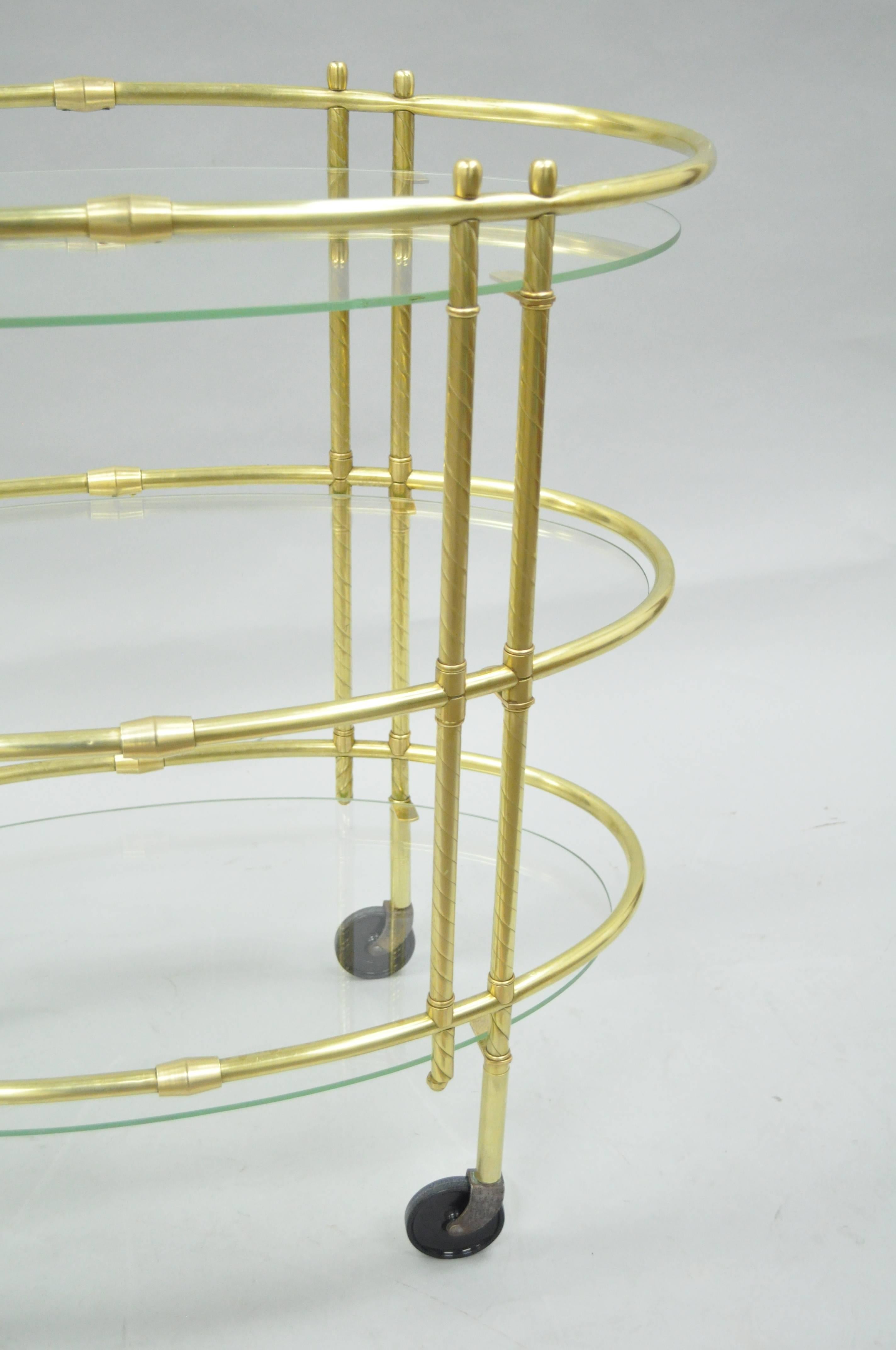 Mid-Century Modern Mid Century Italian Modern Polished Brass & Glass Three Tier Oval Bar Tea Cart For Sale