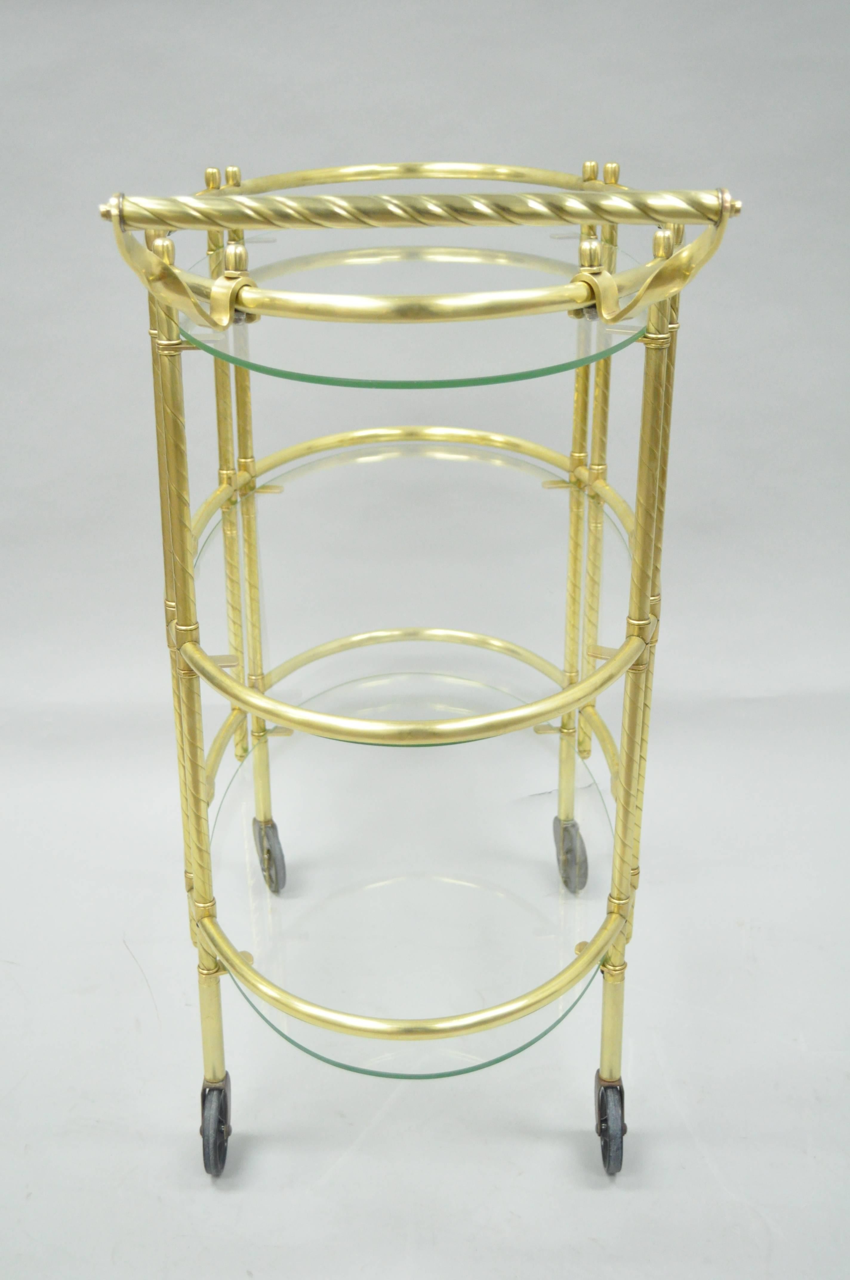 Mid Century Italian Modern Polished Brass & Glass Three Tier Oval Bar Tea Cart For Sale 1