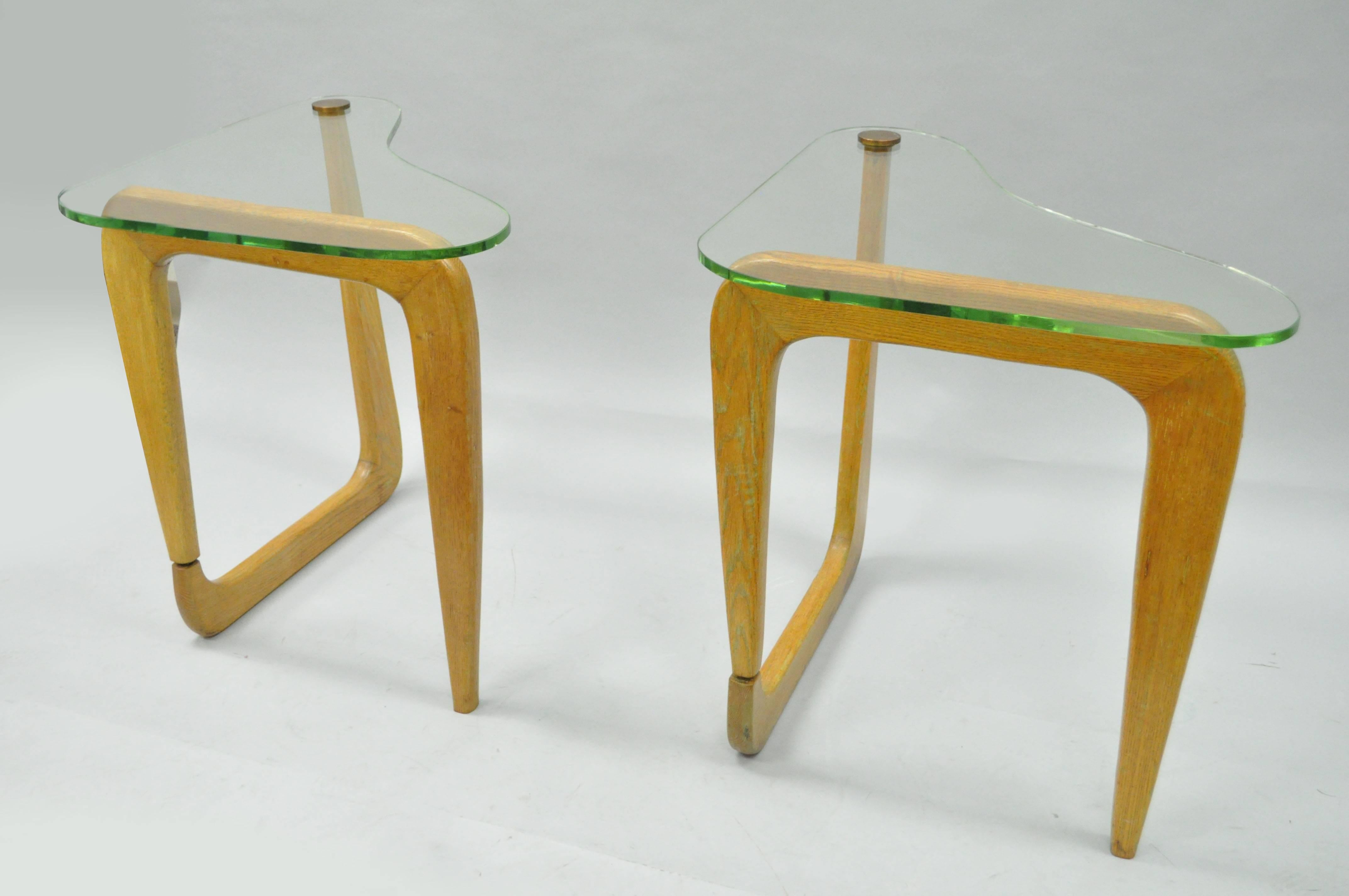 Pair Mid Century Cerused Oak Kidney Shape Biomorphic Side Tables Noguchi Style 3