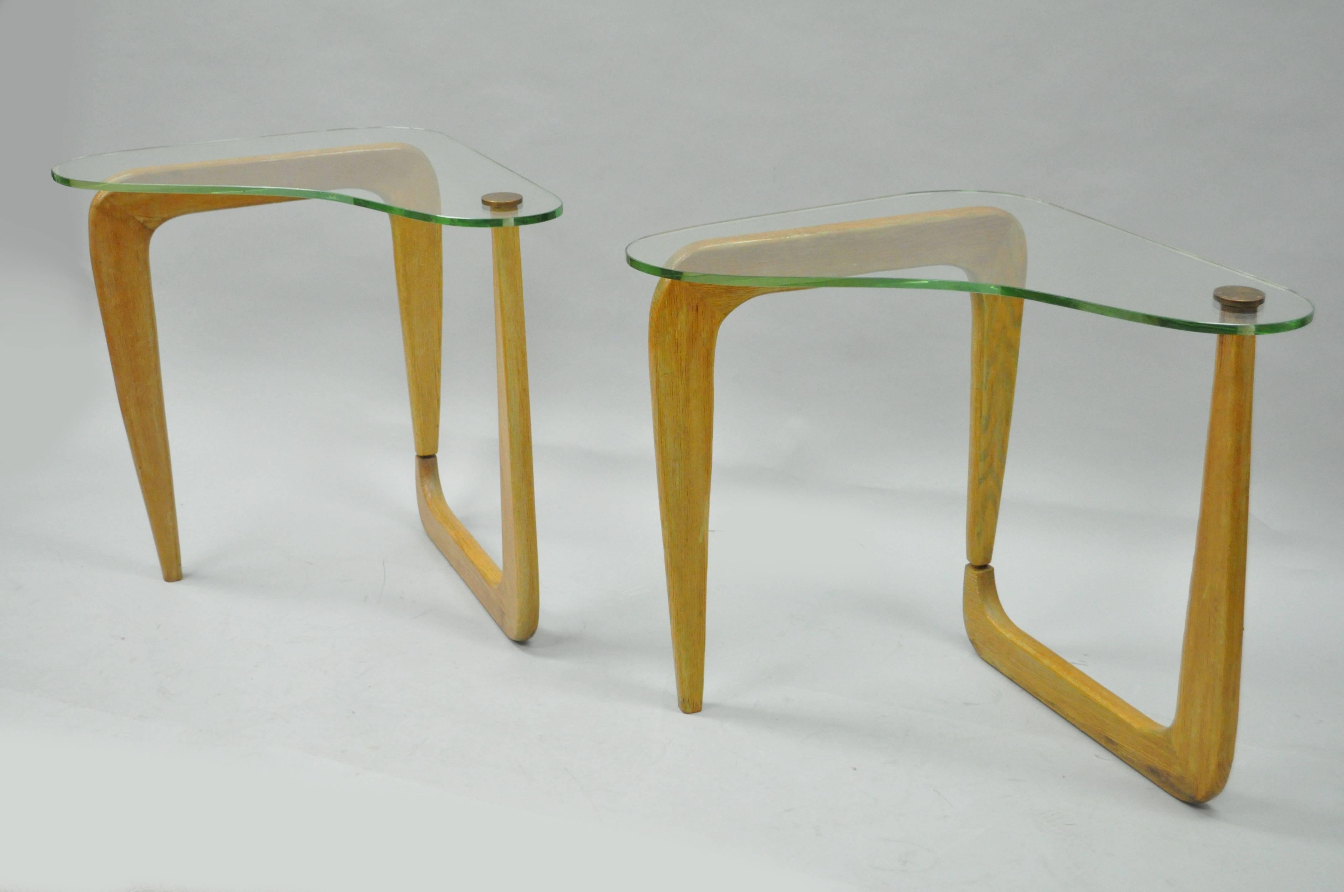 Tall pair of Vintage 1950s, Mid-Century Modern, cerused oak kidney shape end tables in the Isamu Noguchi style. Tables features solid cerused oak wood folding bases with an attractive green wash, thick removable kidney shape glass tops and round