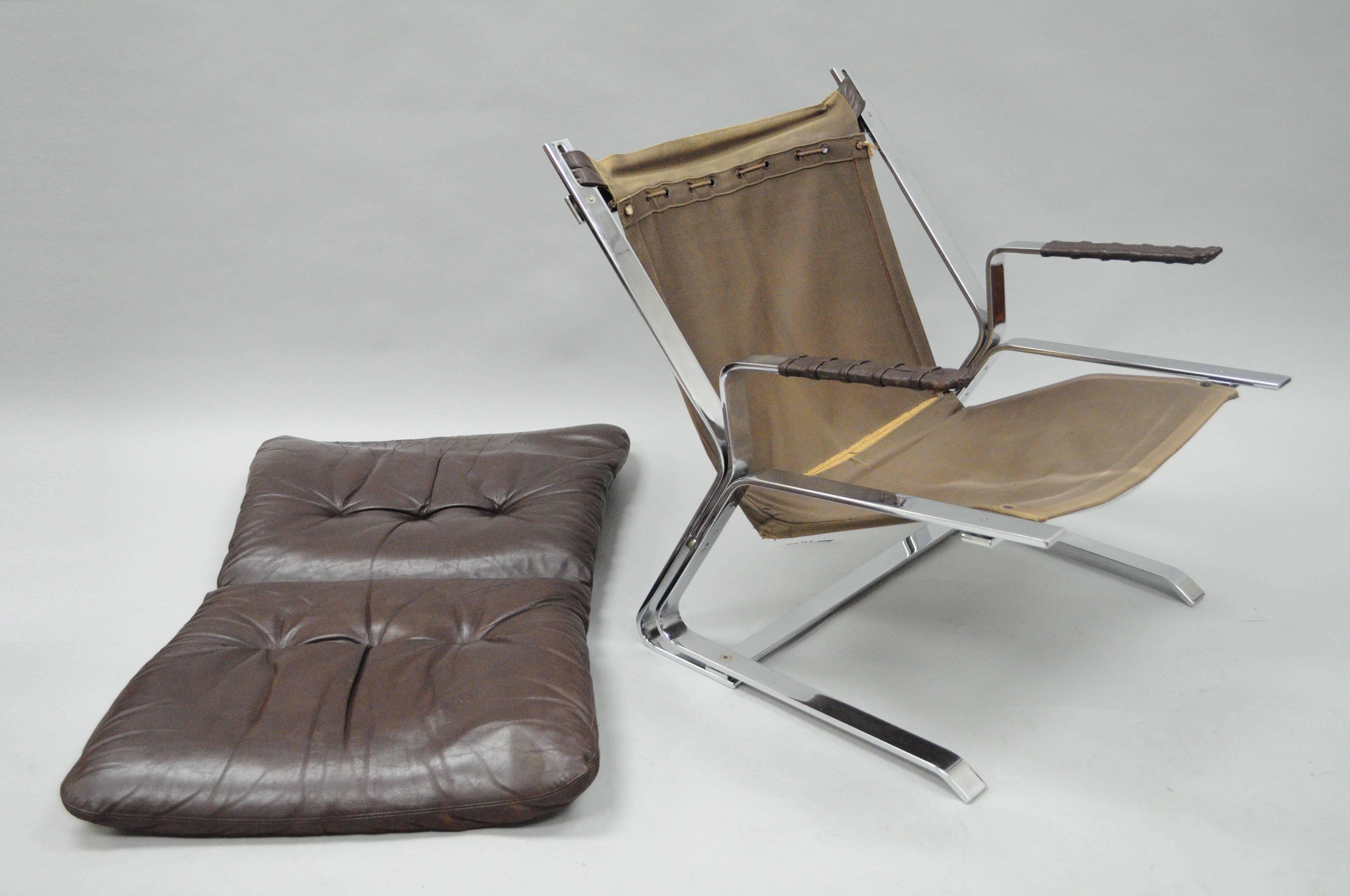 Mid-20th Century Pirate Lounge Chair Brown Leather & Chrome by Elsa & Nordahl Solheim for Rykkin For Sale