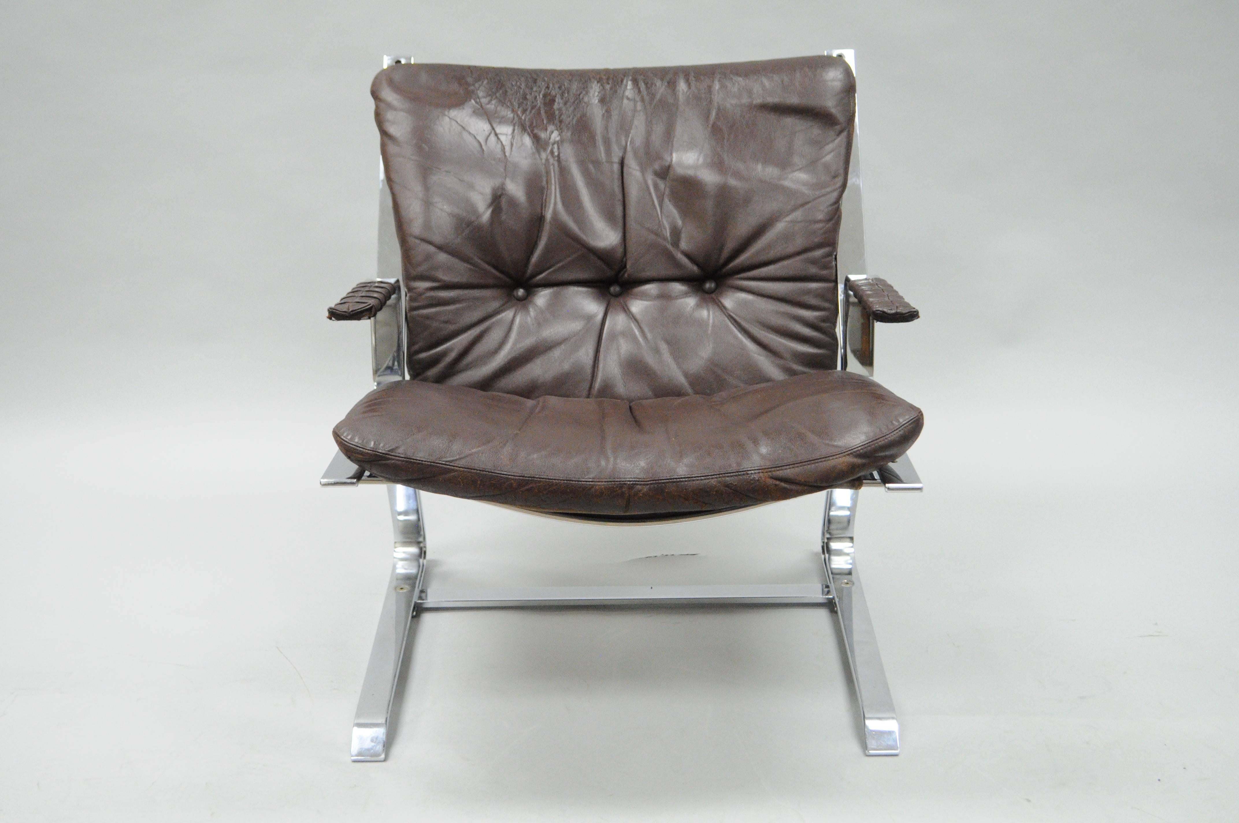 Vintage Mid Century Modern brown leather and flatbar chrome 