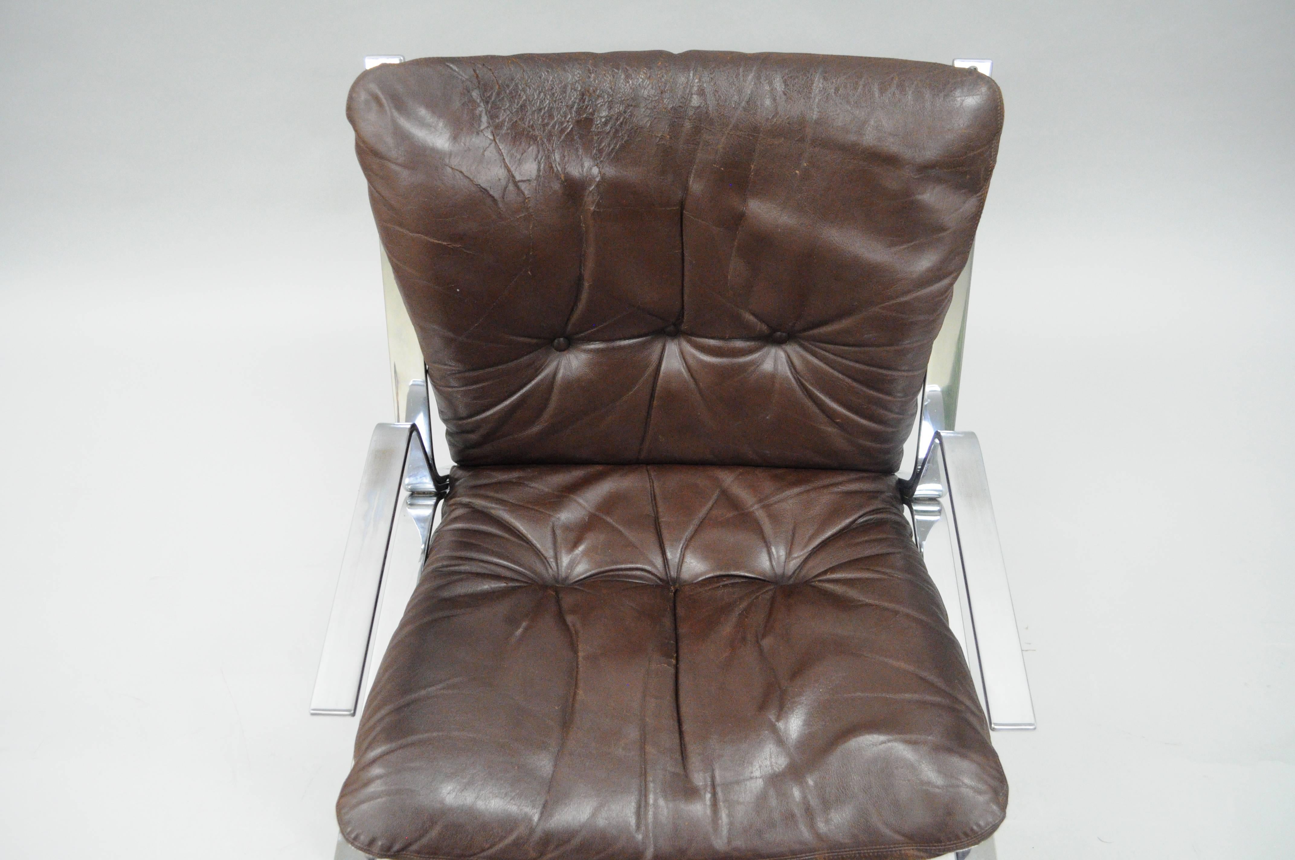 Mid-Century Modern Pirate Lounge Chair Brown Leather & Chrome by Elsa & Nordahl Solheim for Rykkin For Sale