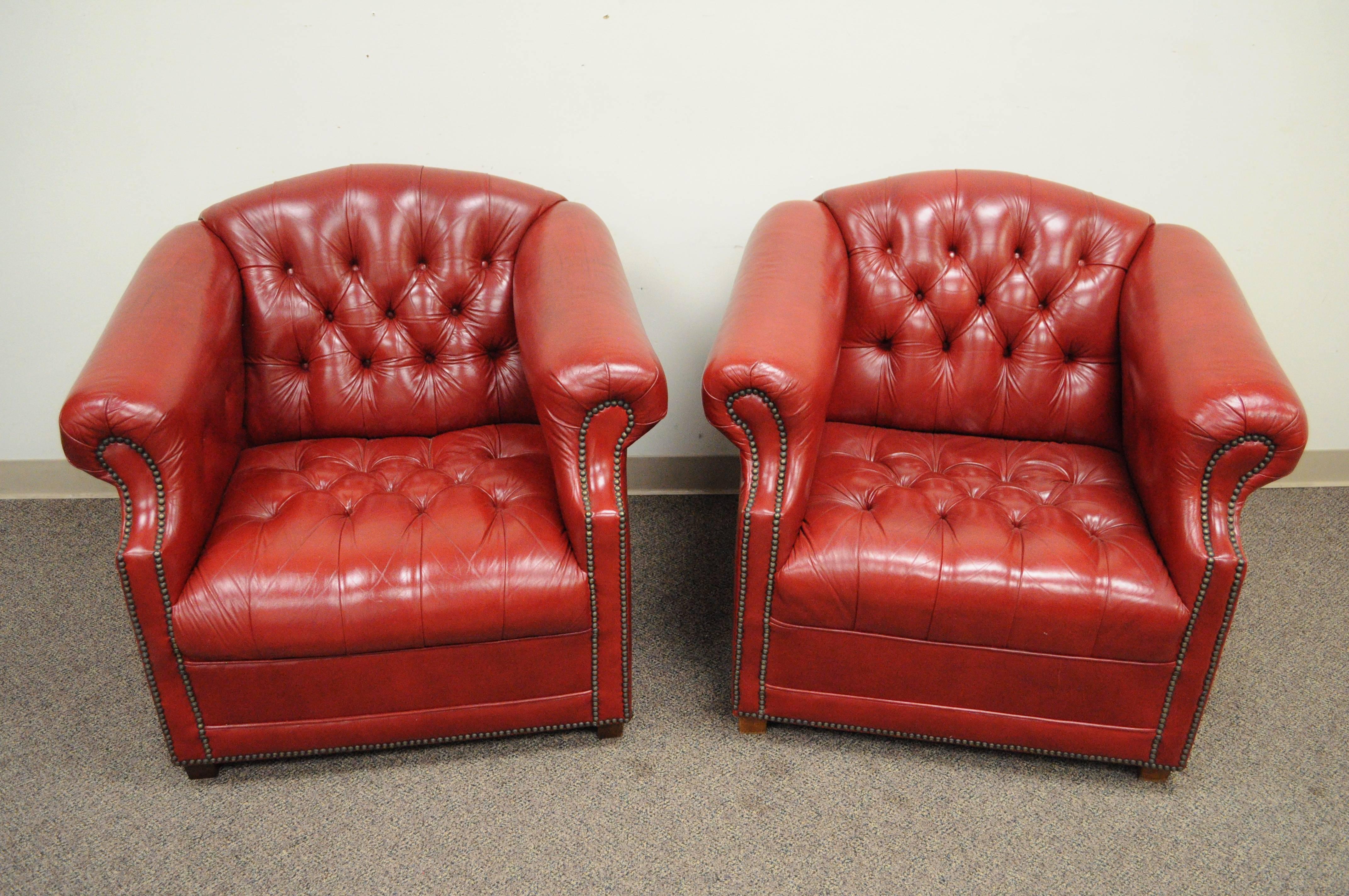 Pair of Red Leather English Chesterfield Style Button Tufted Club Lounge Chairs 2