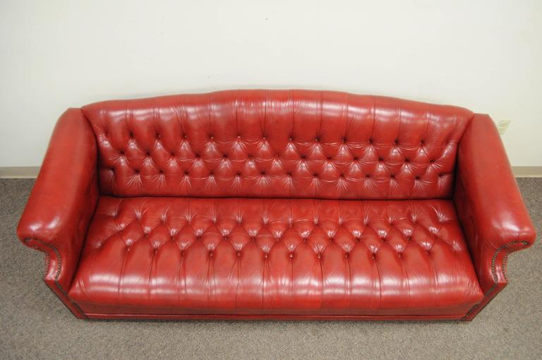 Vintage Red Leather English Chesterfield Style Button Tufted Sofa