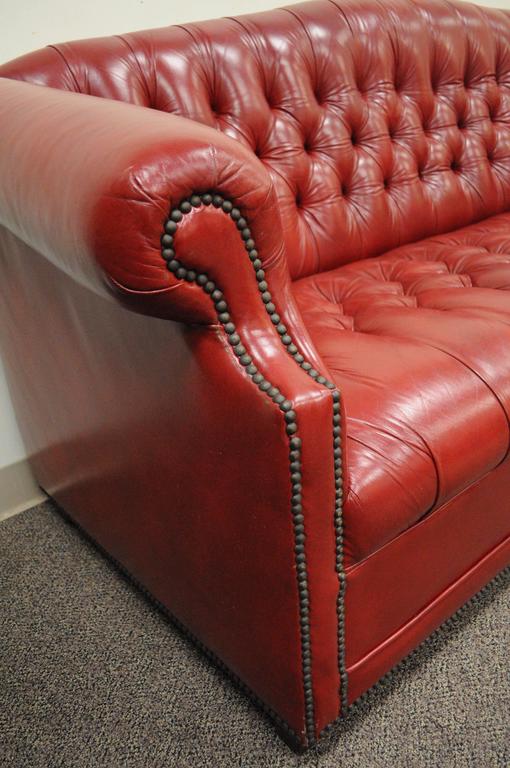 Vintage Red Leather English Chesterfield Style Button Tufted Sofa by