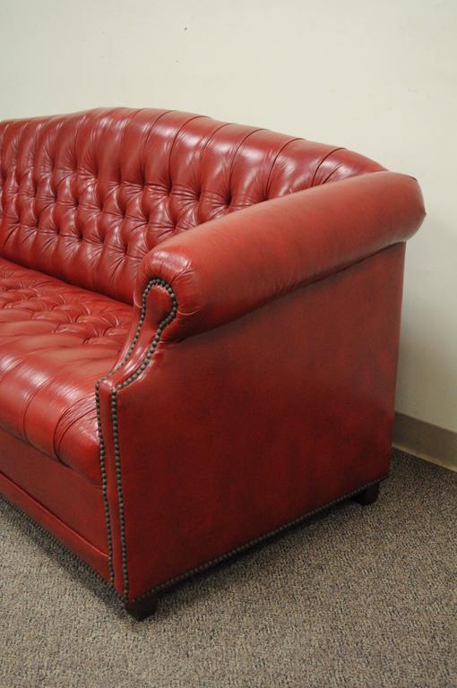 Vintage Red Leather English Chesterfield Style Button Tufted Sofa by