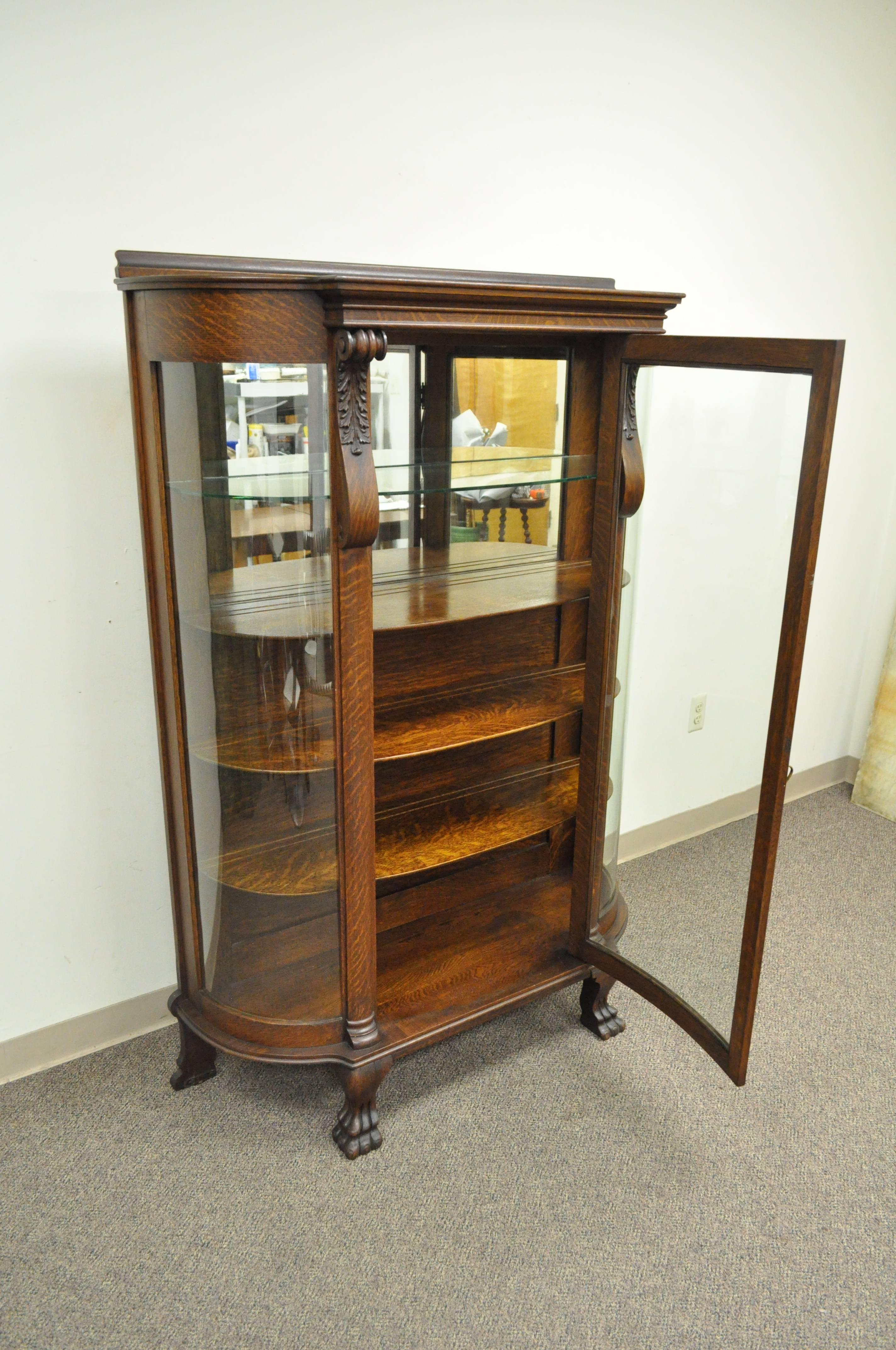 Antique Tiger Oak Bow Front Curved Glass and Mirror Curio Display China Cabinet 1