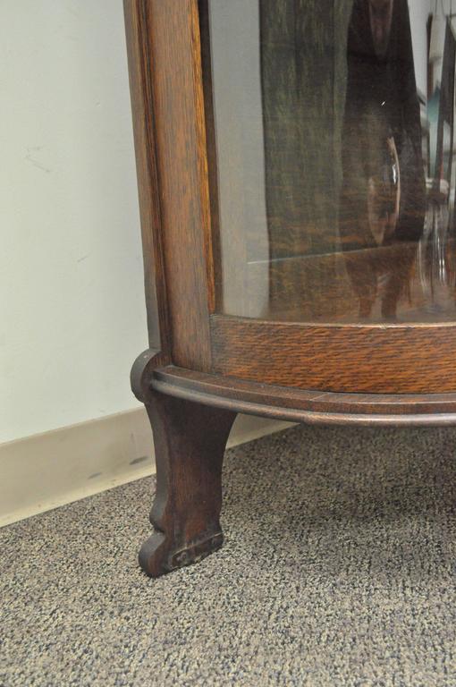 Antique Tiger Oak Bow Front Curved Glass And Mirror Curio Display