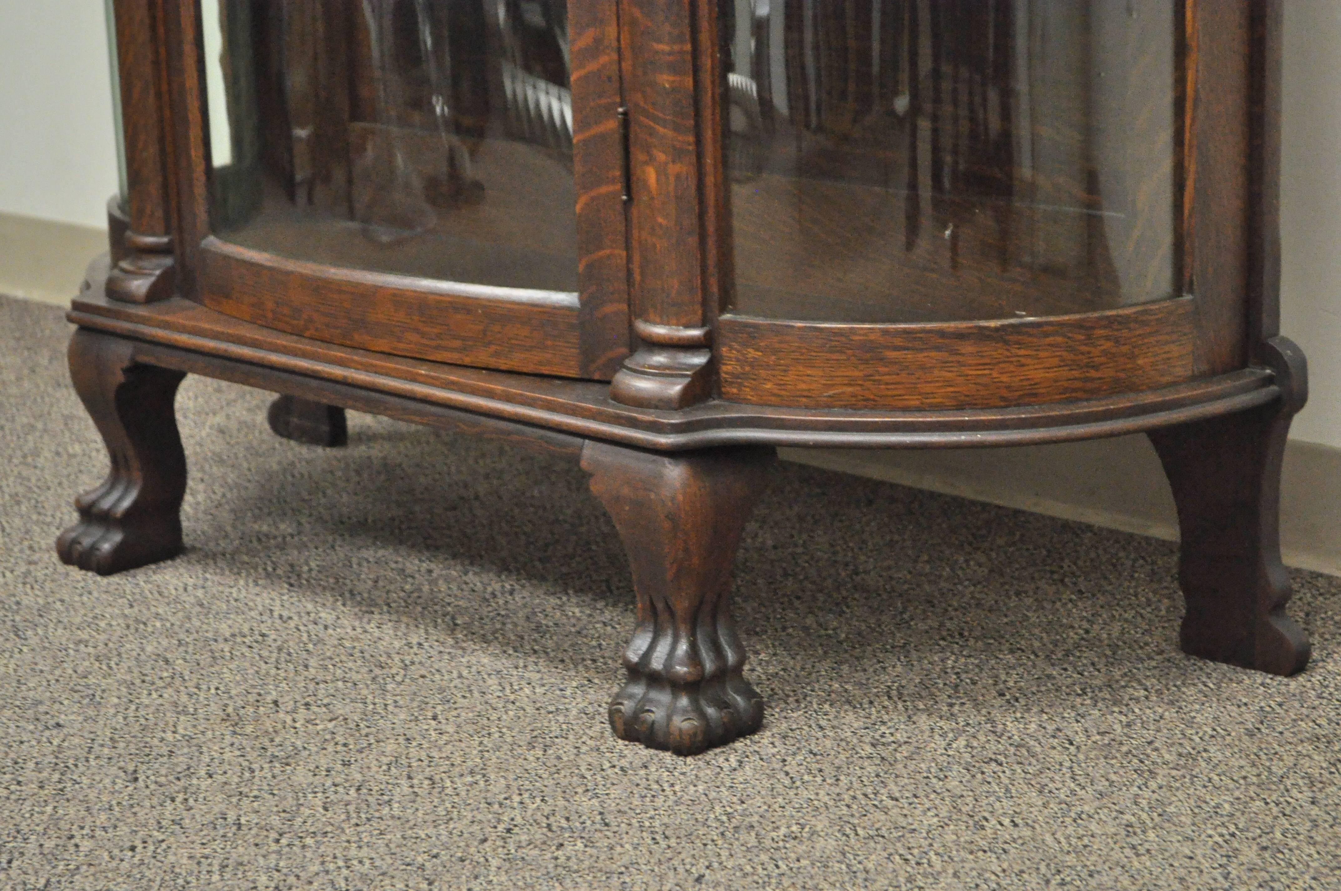 Victorian Antique Tiger Oak Bow Front Curved Glass and Mirror Curio Display China Cabinet