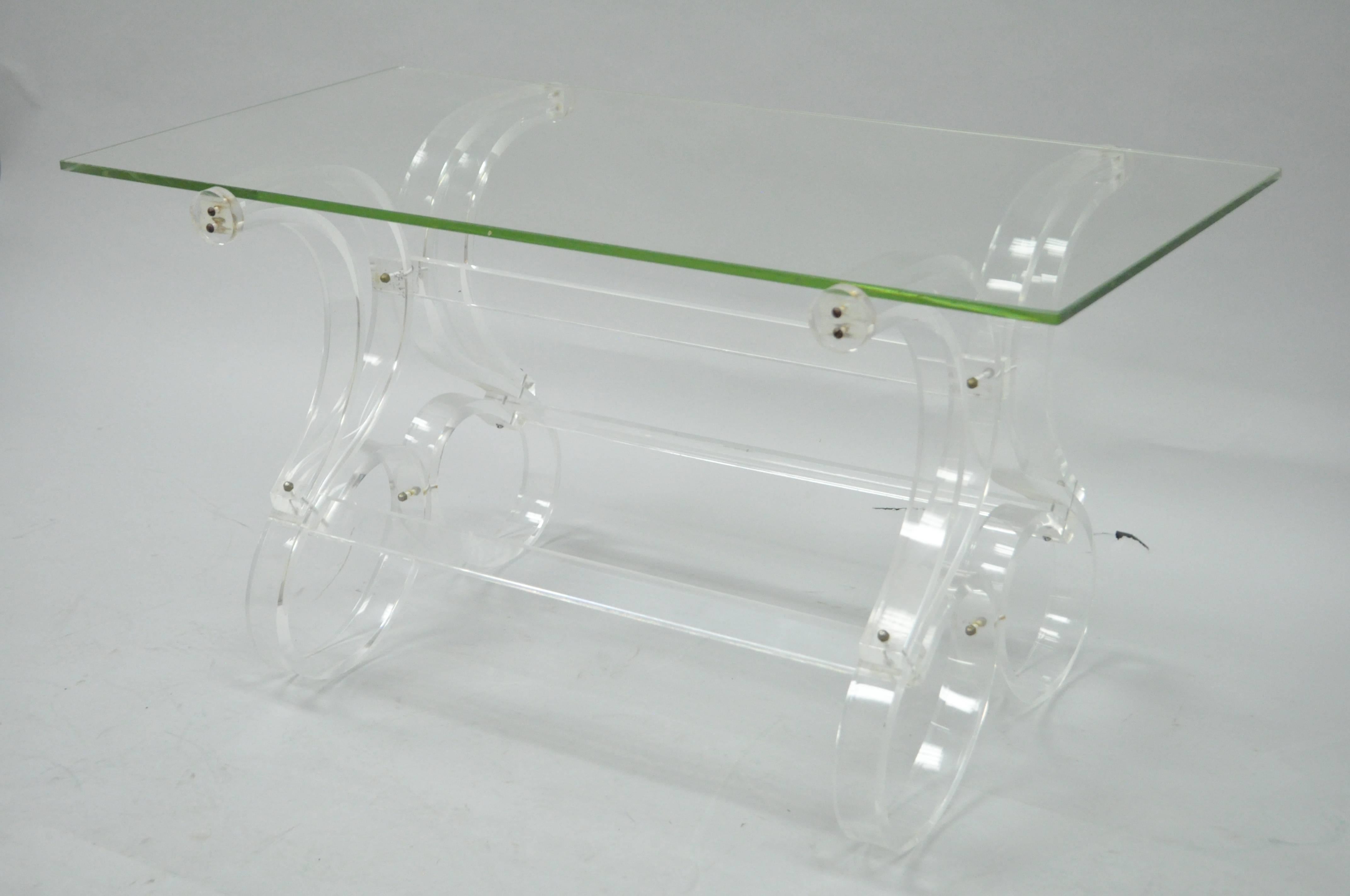Mid-Century Modern Scrolling Lucite and Glass Hollywood Regency Coffee Table For Sale 4