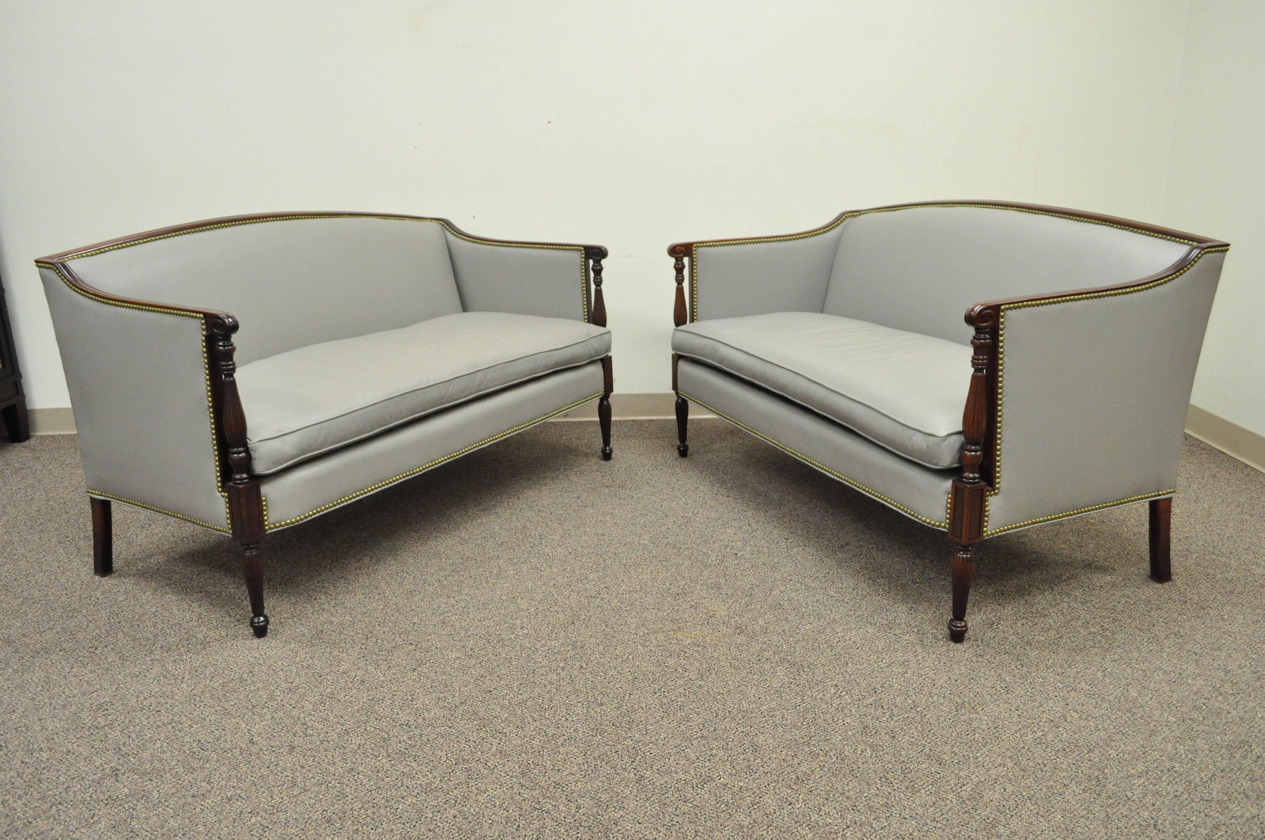 Pair of Old Hickory Tannery Grey Leather Sheraton Federal Loveseats Settees 2
