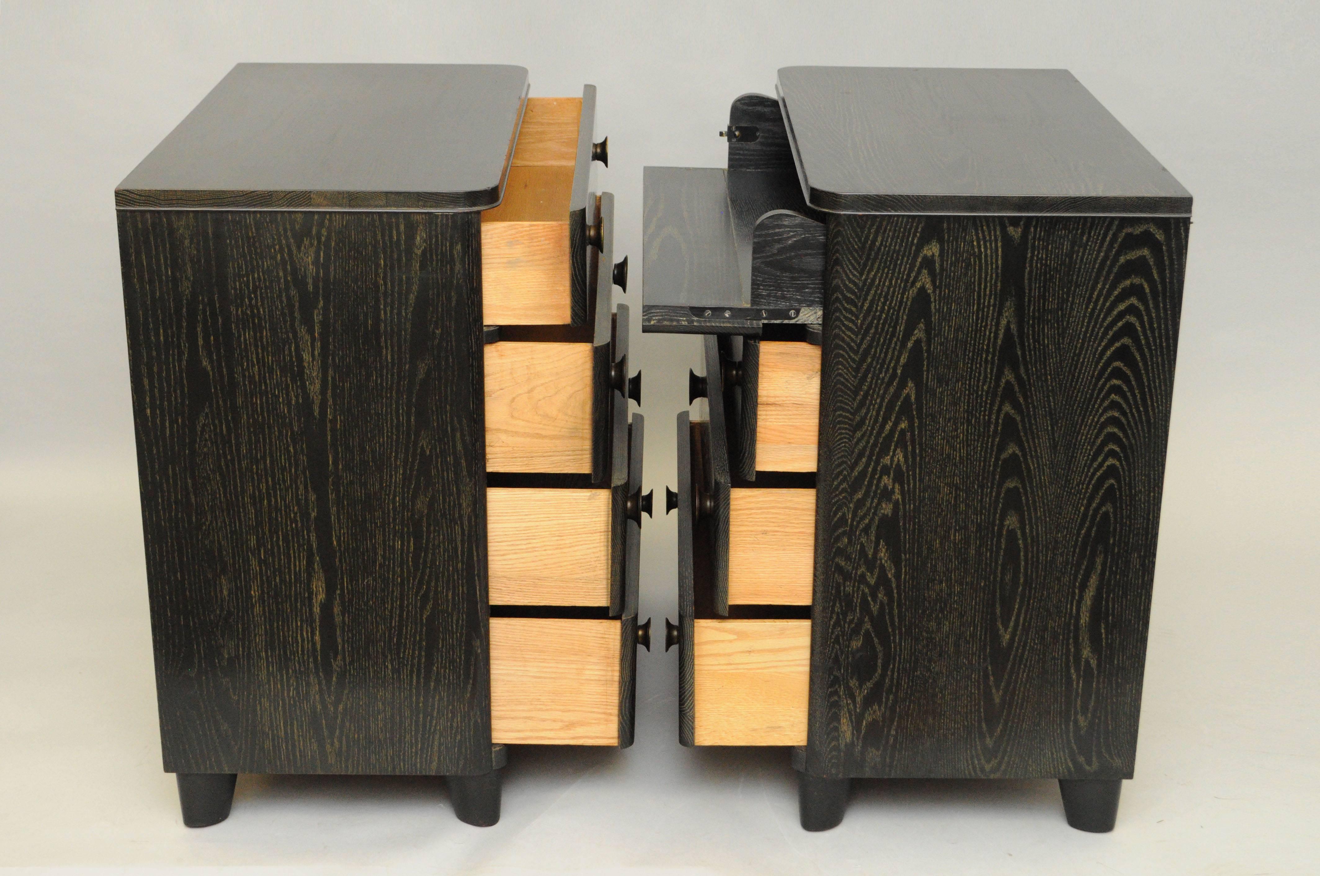 Pair of 1950s Black Cerused Oak Bachelor Chest Commodes Gilbert Rohde Attributed In Good Condition In Philadelphia, PA