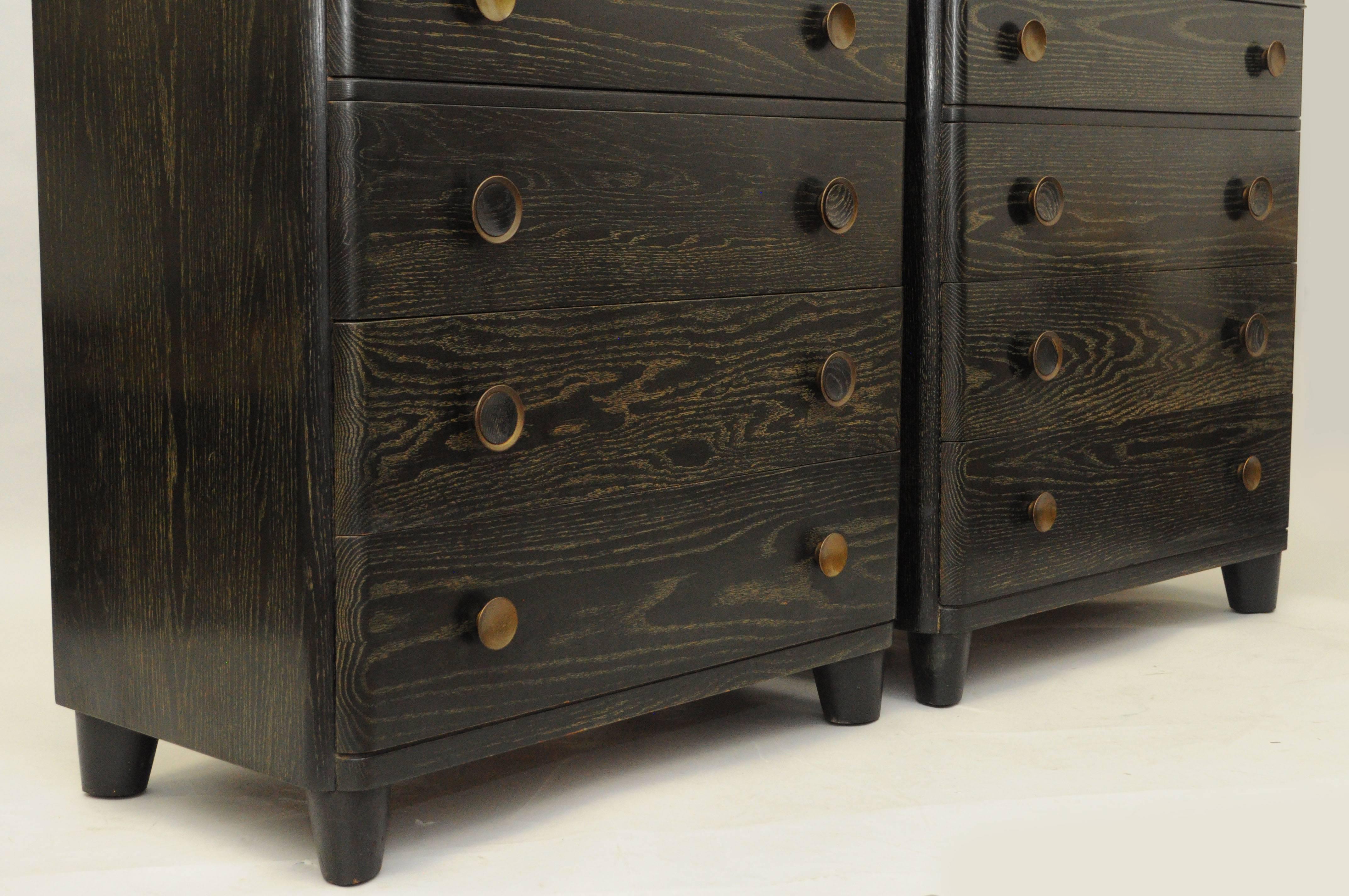 Mid-Century Modern Pair of 1950s Black Cerused Oak Bachelor Chest Commodes Gilbert Rohde Attributed