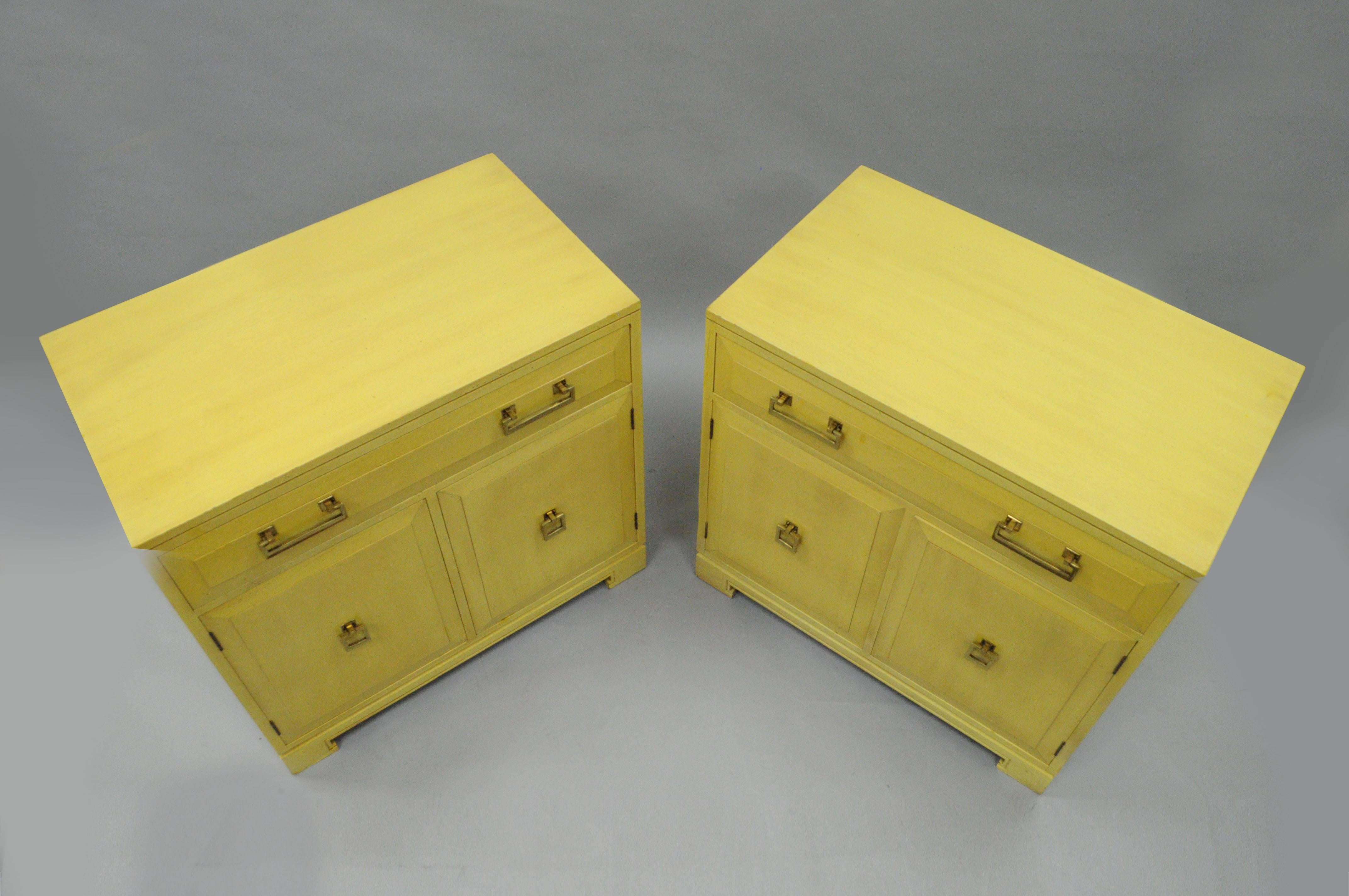 Pair Yellow Hollywood Regency James Mont Style Commode Cabinet Chest by Rockford In Good Condition In Philadelphia, PA