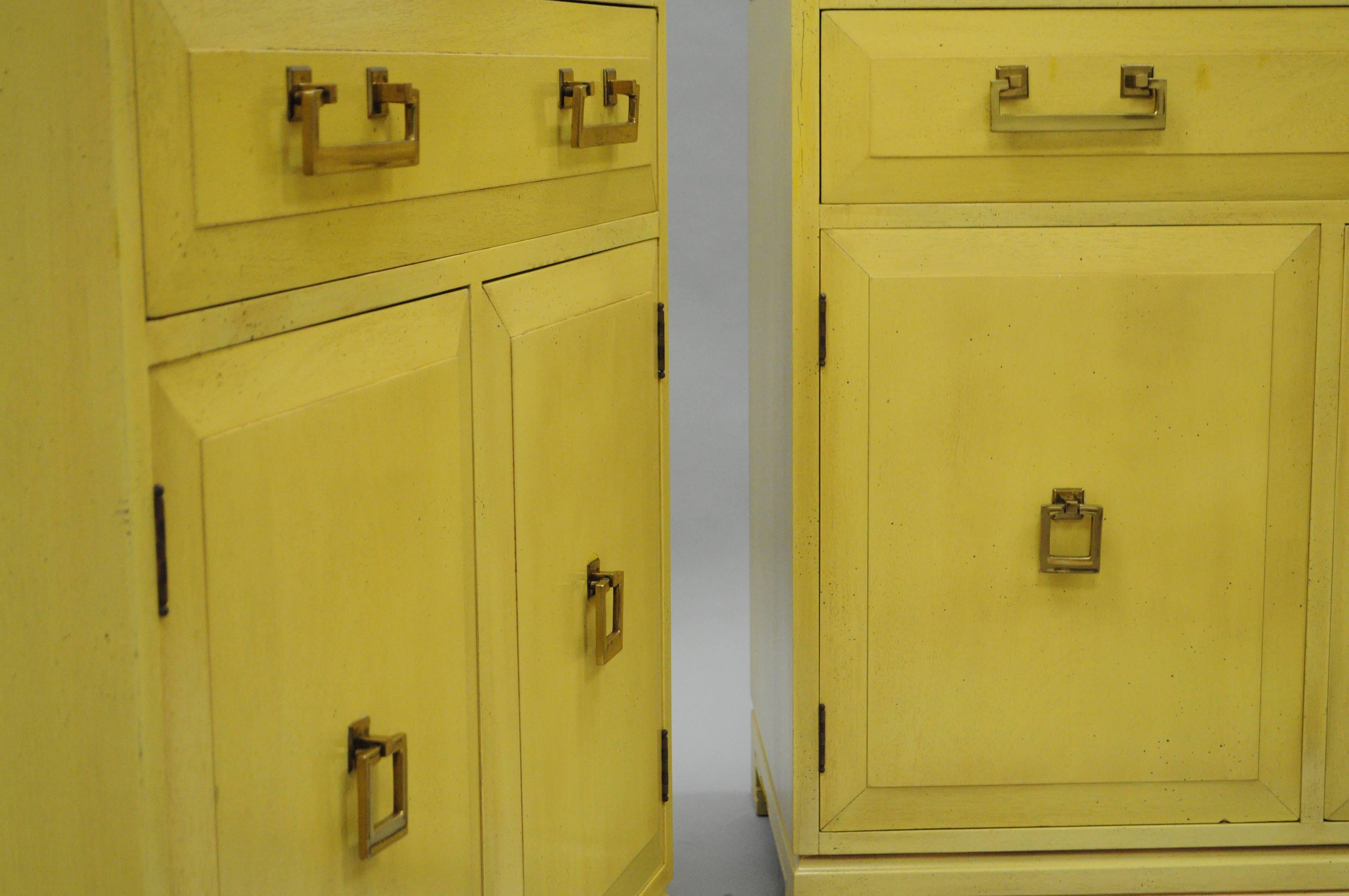 Polished Pair Yellow Hollywood Regency James Mont Style Commode Cabinet Chest by Rockford