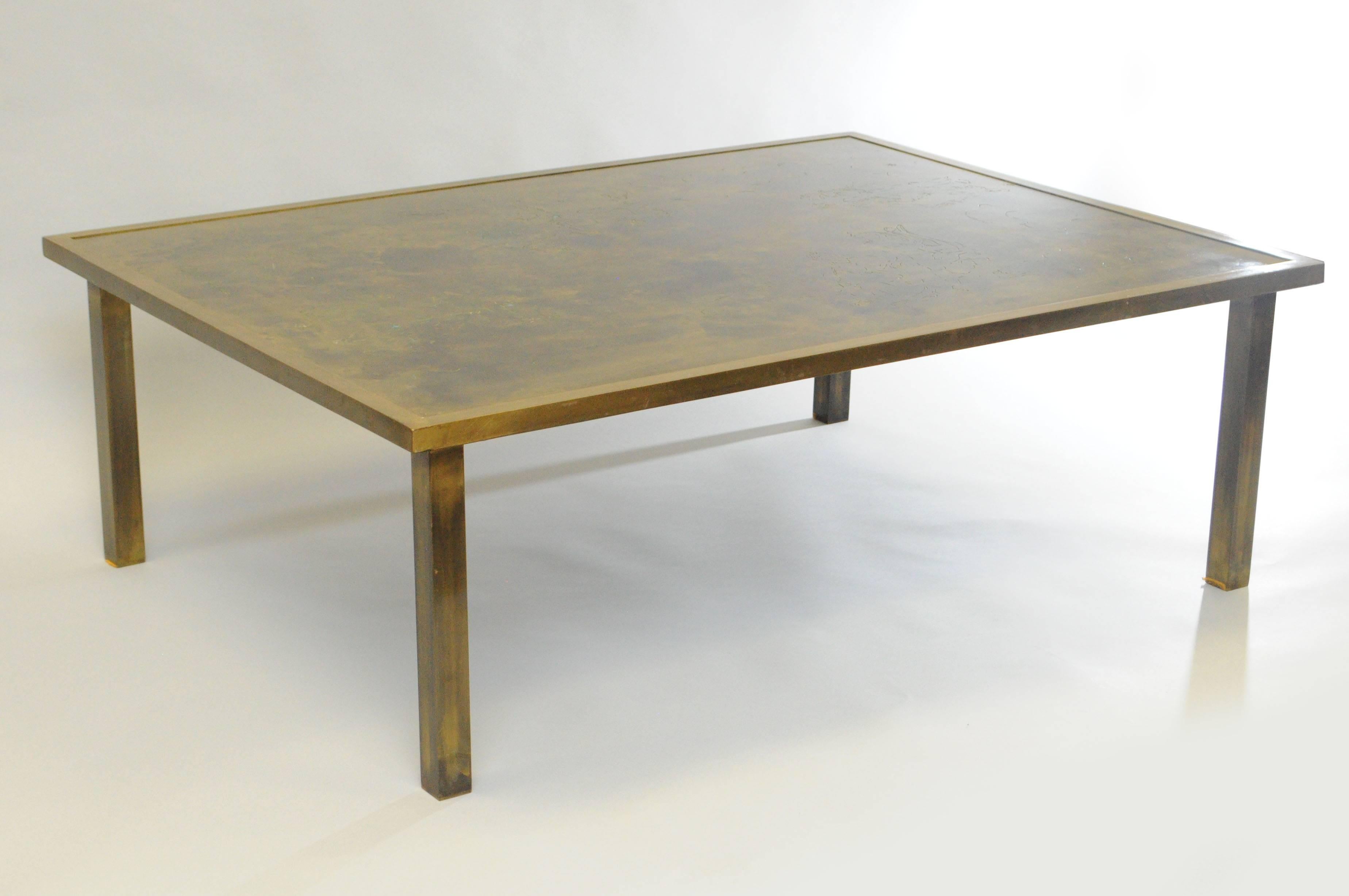 Philip and Kelvin LaVerne Acid Etched Bronze Zodiac Rectangular Coffee Table 4