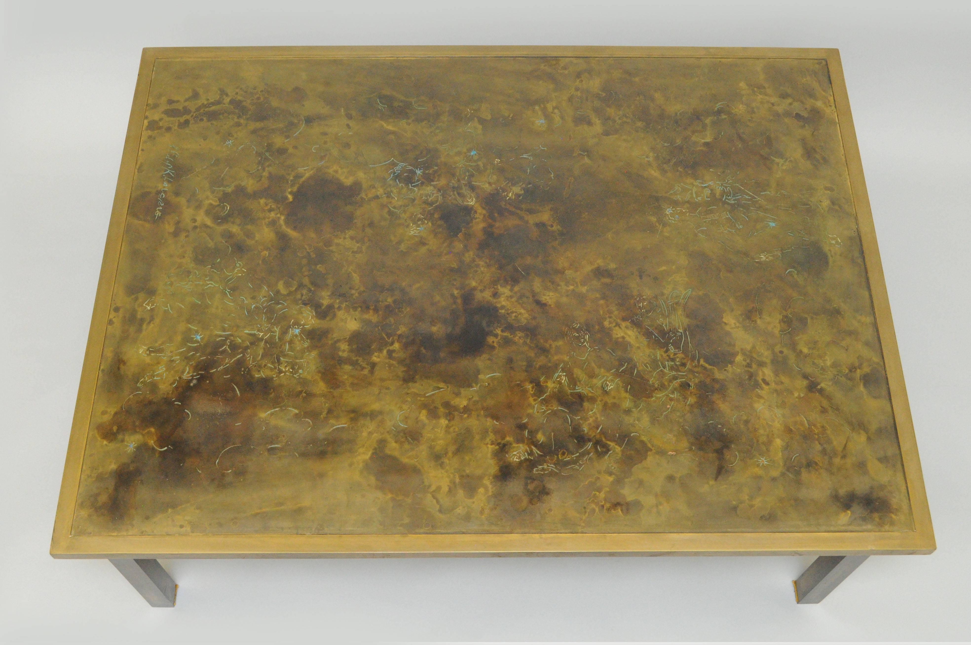 Vintage Philip and Kelvin LaVerne Acid Etched bronze 'Zodiac' coffee table. Item features an acid washed bronze finish with various Classical scenes etched into the top. Table is raised on four squared legs and signed by Philip K. LaVerne. Table has
