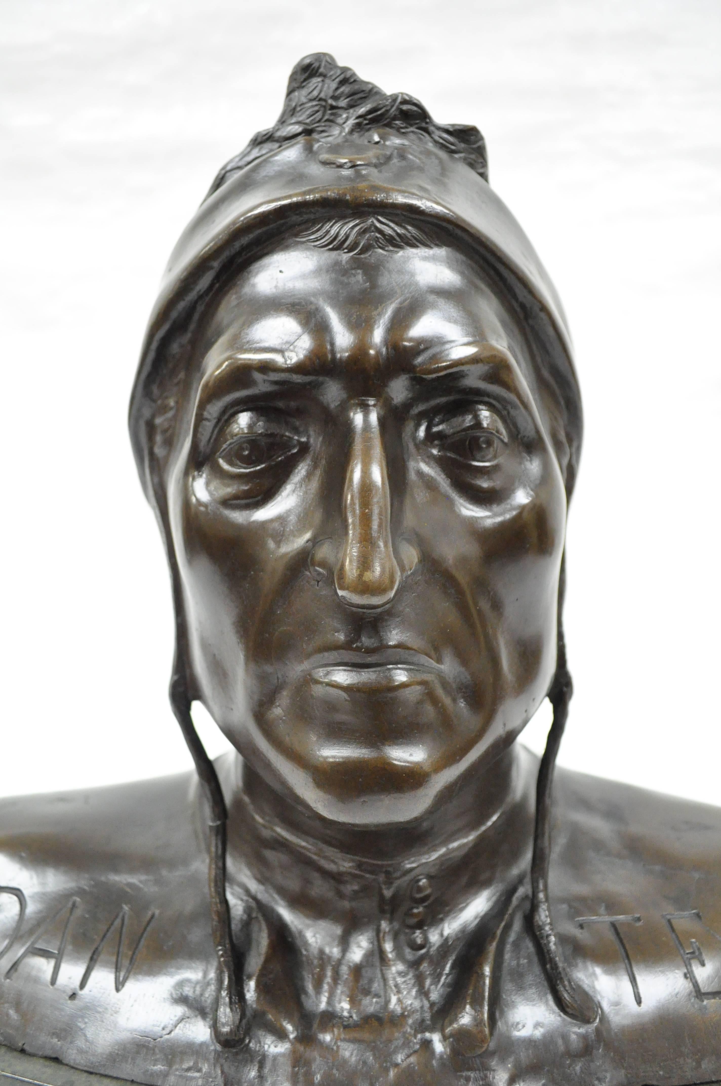 Cast Bronze Dante Alighieri Grand Tour Bust Sculpture Statue on Marble For Sale 2