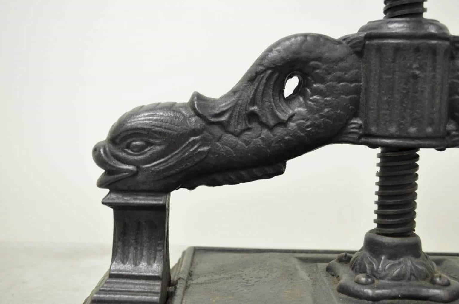 American Ornate Antique 19th C Cast Iron Classical Dolphin Bookbinders Book Binders Press