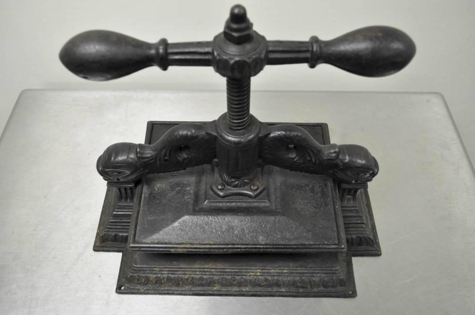 Ornate Antique 19th C Cast Iron Classical Dolphin Bookbinders Book Binders Press In Good Condition In Philadelphia, PA