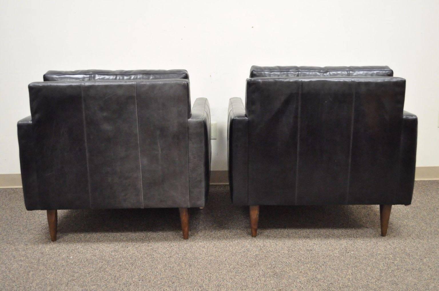 Pair of Crate & Barrel Petrie Tufted Leather Black Modern Club Lounge Chairs In Good Condition In Philadelphia, PA